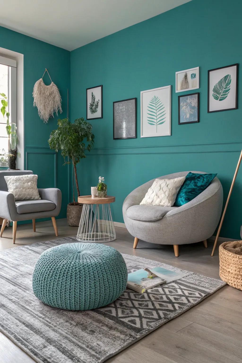 A stylish modern space with shades of teal and grey.