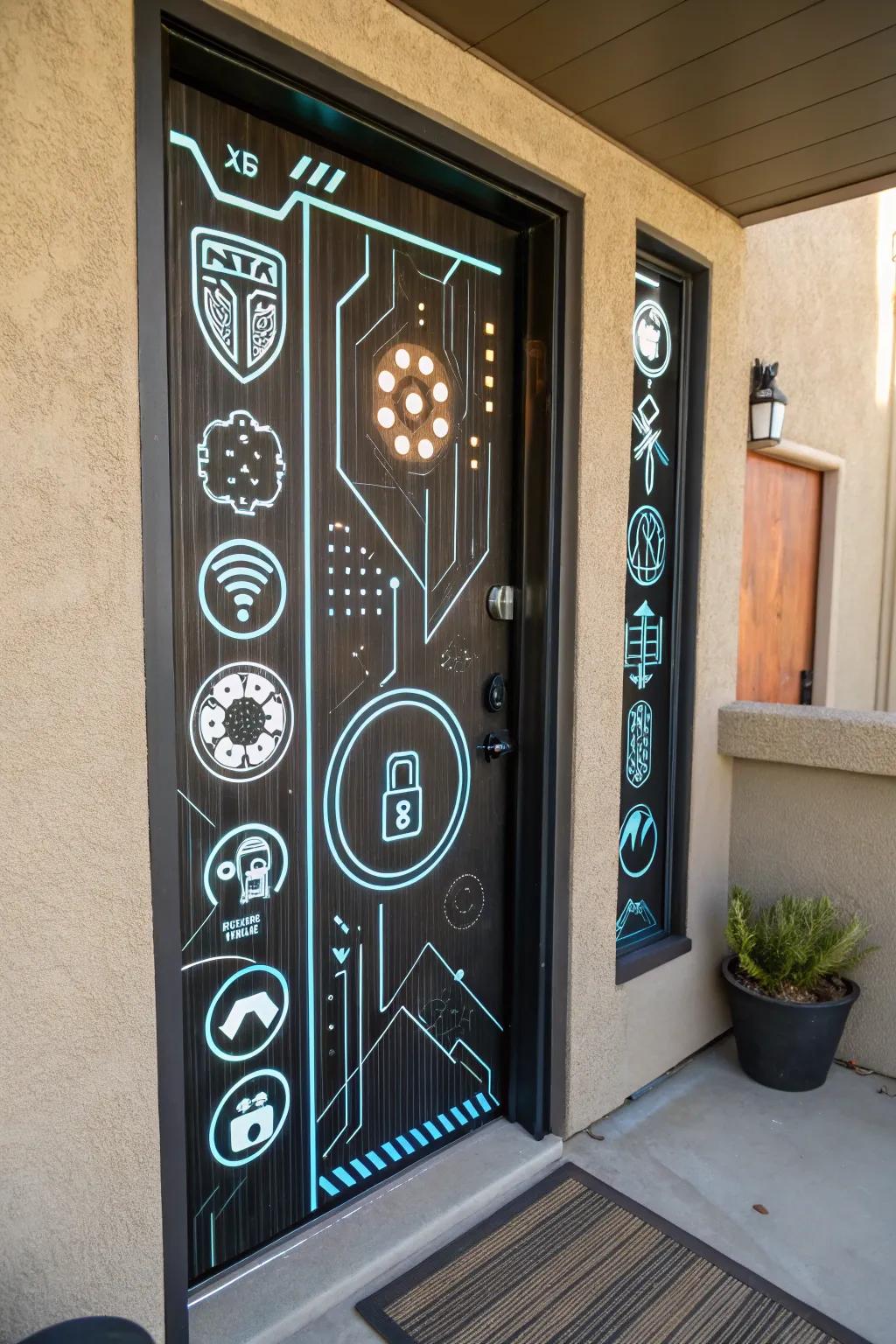 A door transformed with a custom tech decoration set.