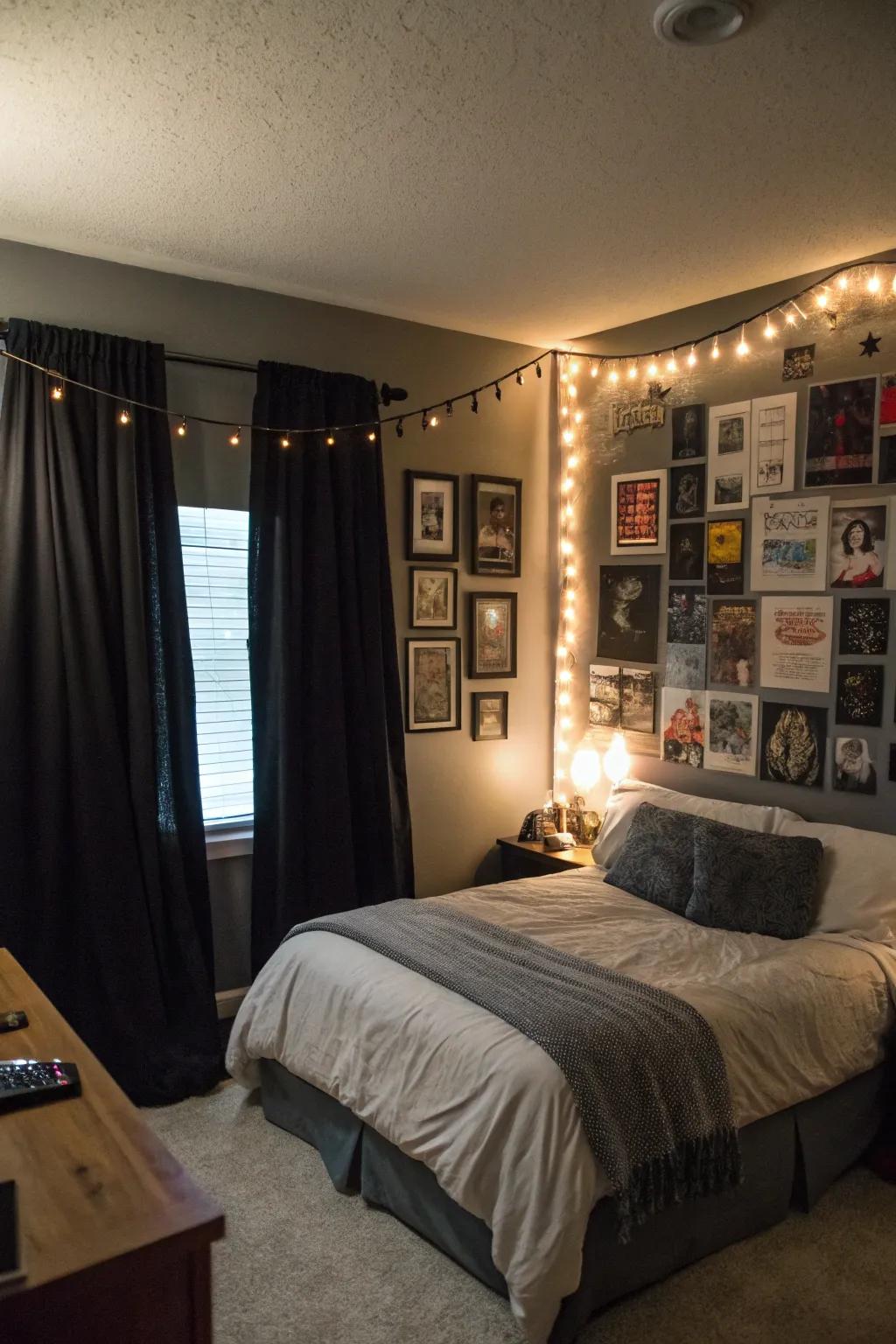 Dark window coverings foster a dramatic and contemporary atmosphere.