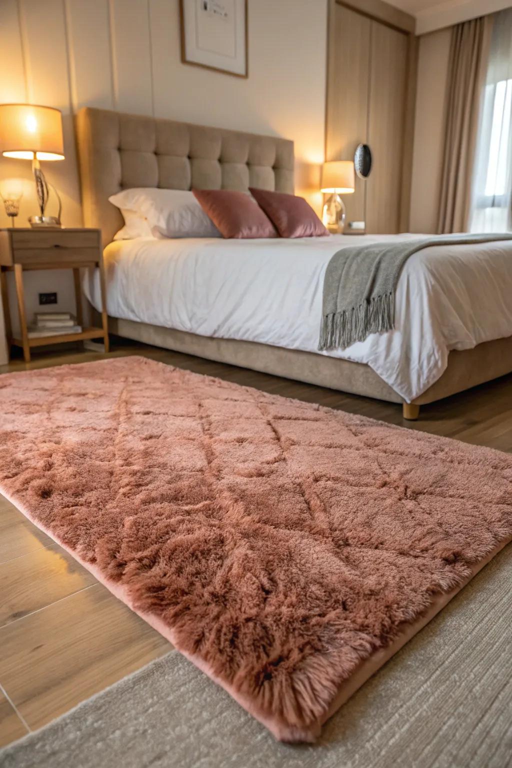 A rose gold rug imparts warmth and unifies the room.