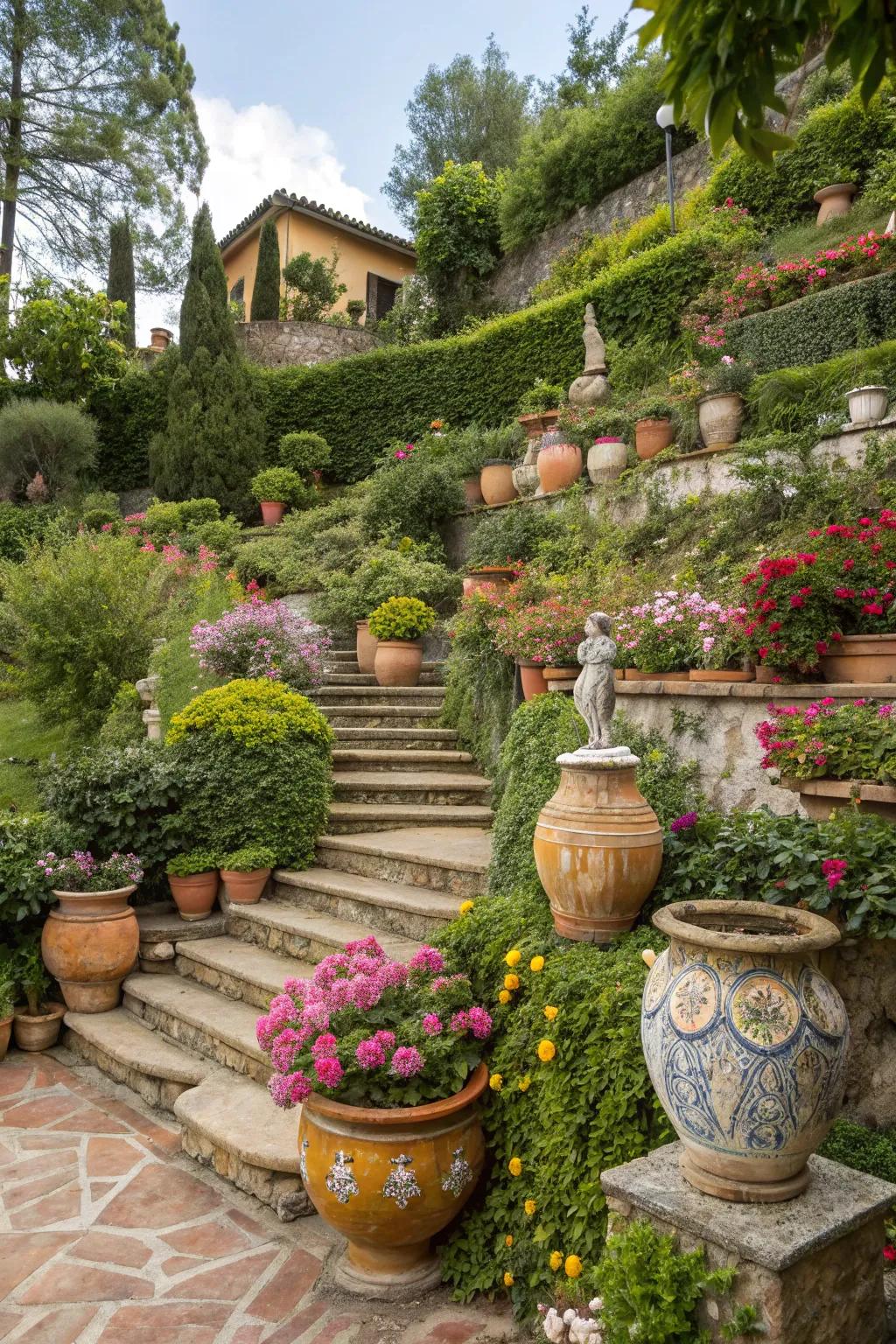 Ornamental elements in a terraced garden, adding individuality and charm.