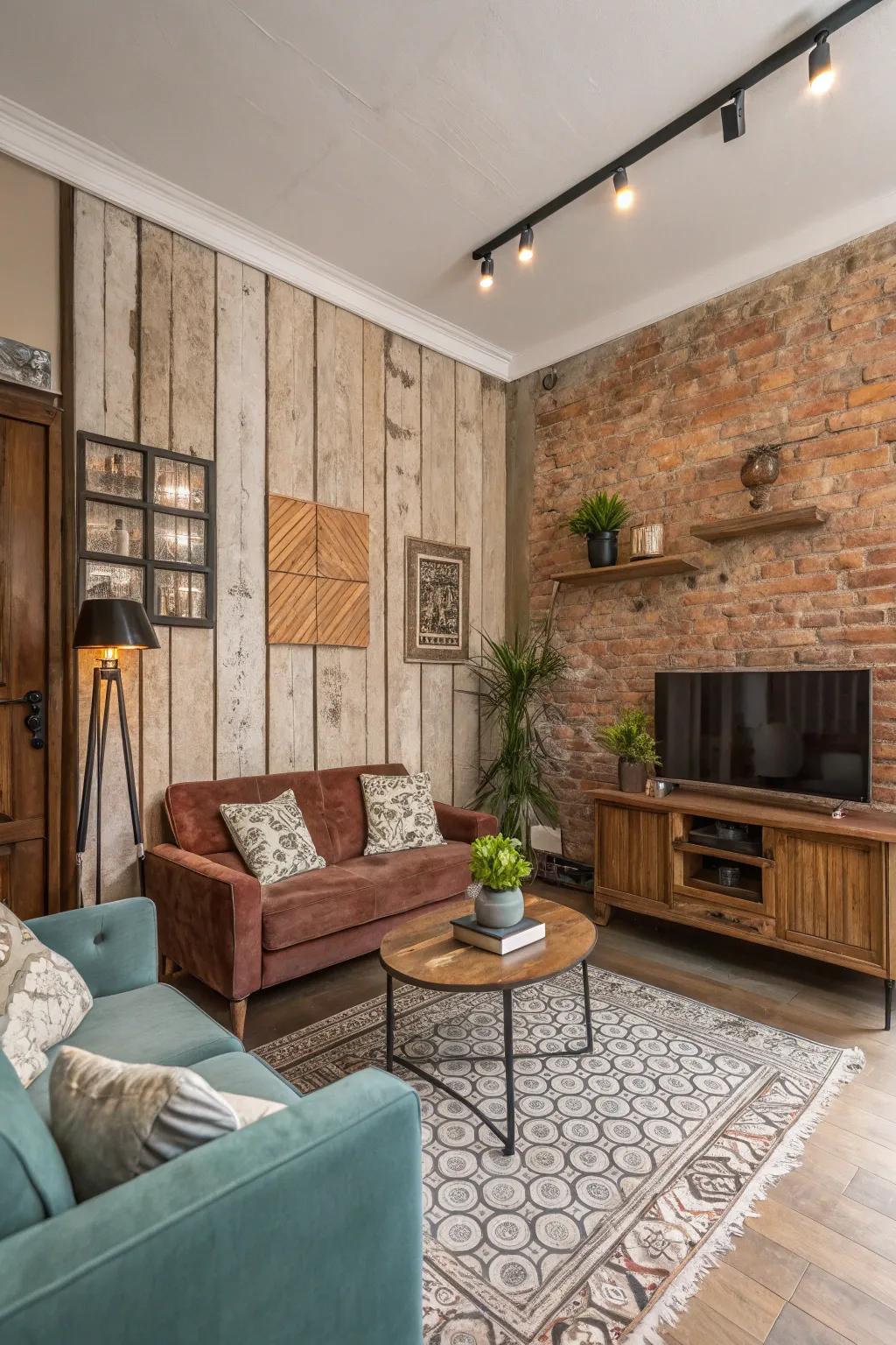 A living room featuring a diverse mix of textured walls.