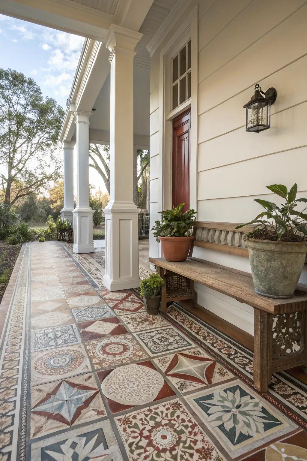 Embellishment tiles add a customized touch to this welcoming porch.