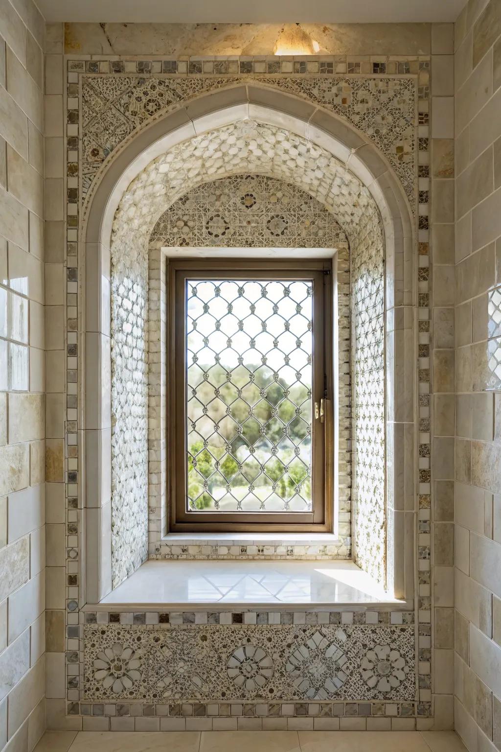 Uninterrupted miniature tiles provide a seamless and unified aesthetic for this window nook.