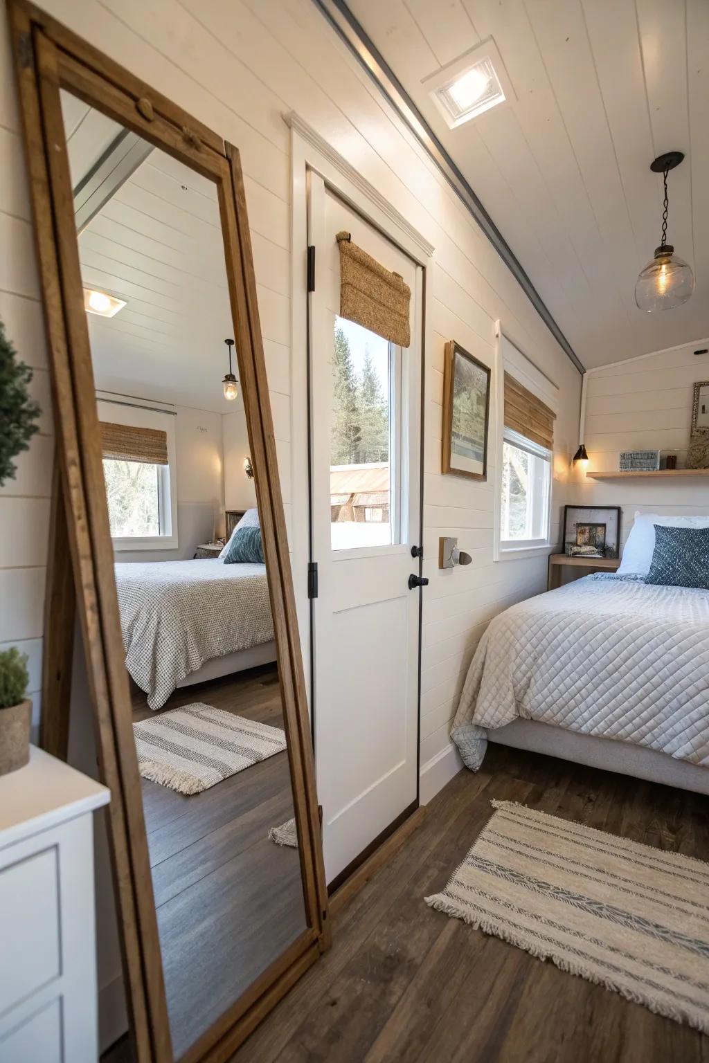 Mirrors cleverly used to enhance the illusion of space in the tiny bedroom.