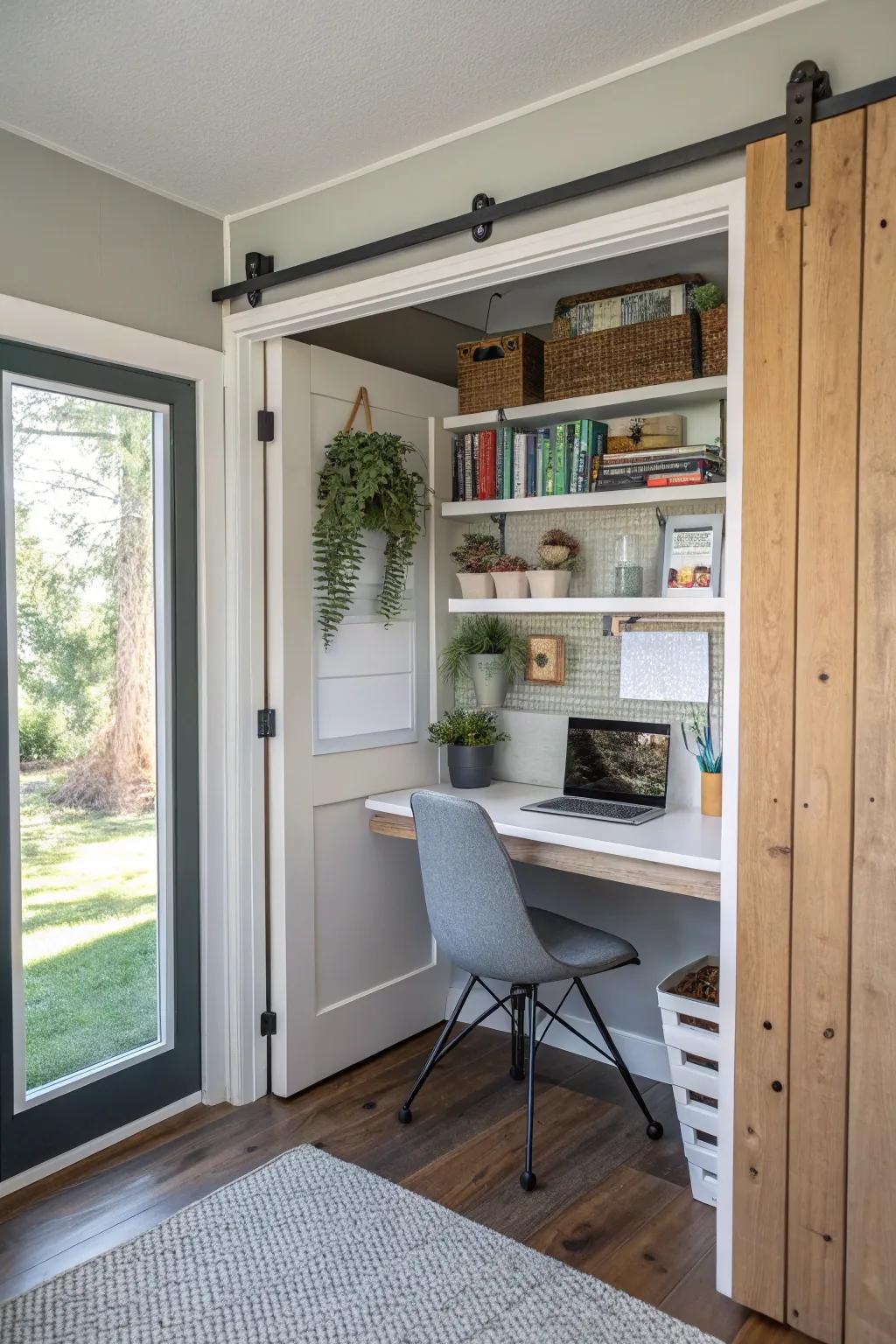 A closet can become a private and useful office space.