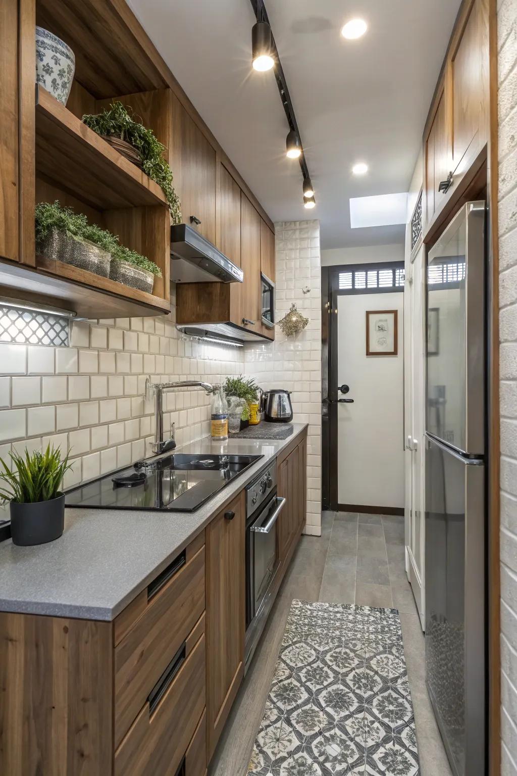 Blending resources fosters a modern and fashionable aesthetic in a small culinary space.