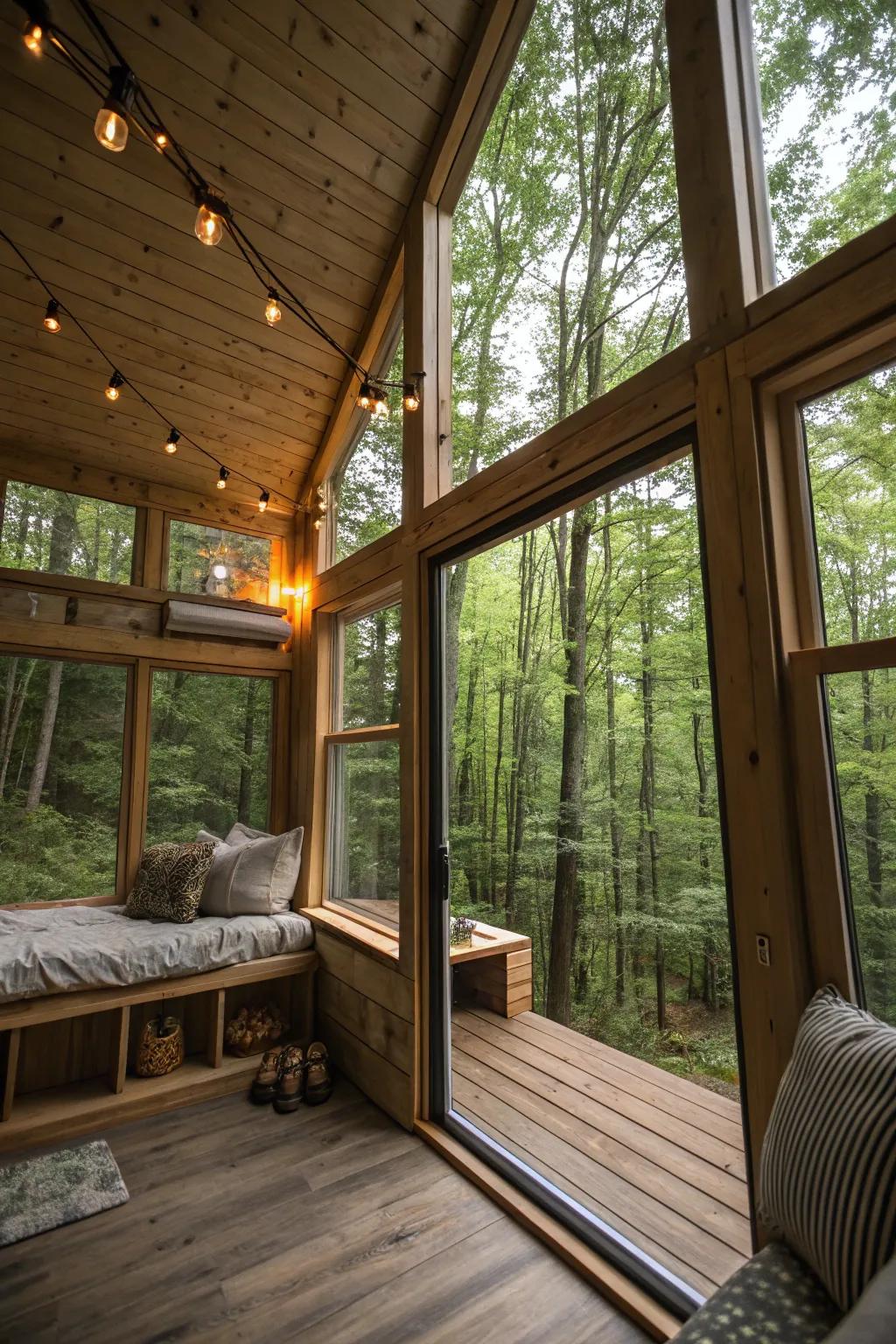 Ground-to-ceiling windows unify interior and outdoor sectors without interruption.