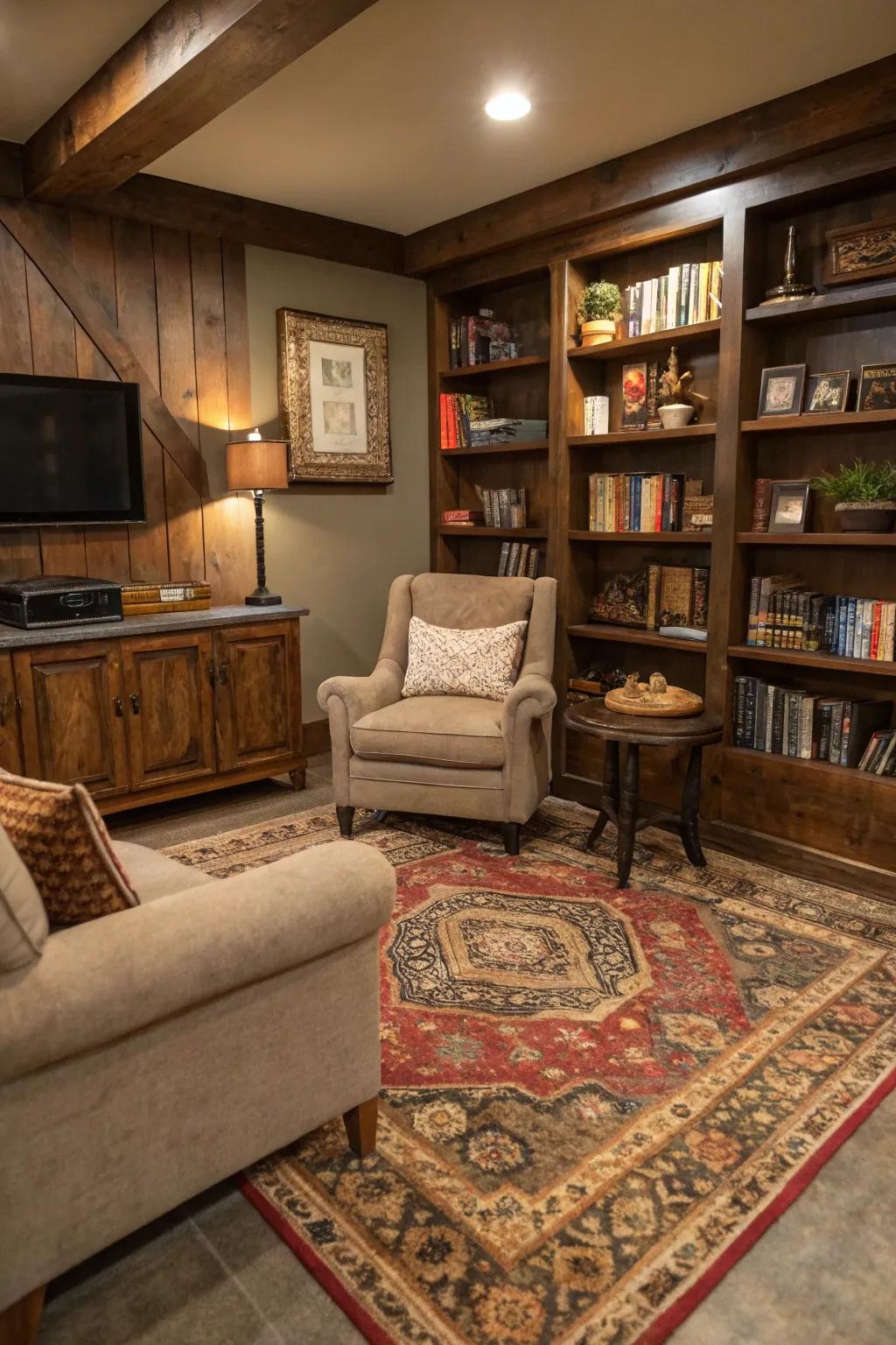 A cozy rug defines and warms up a small personal haven.