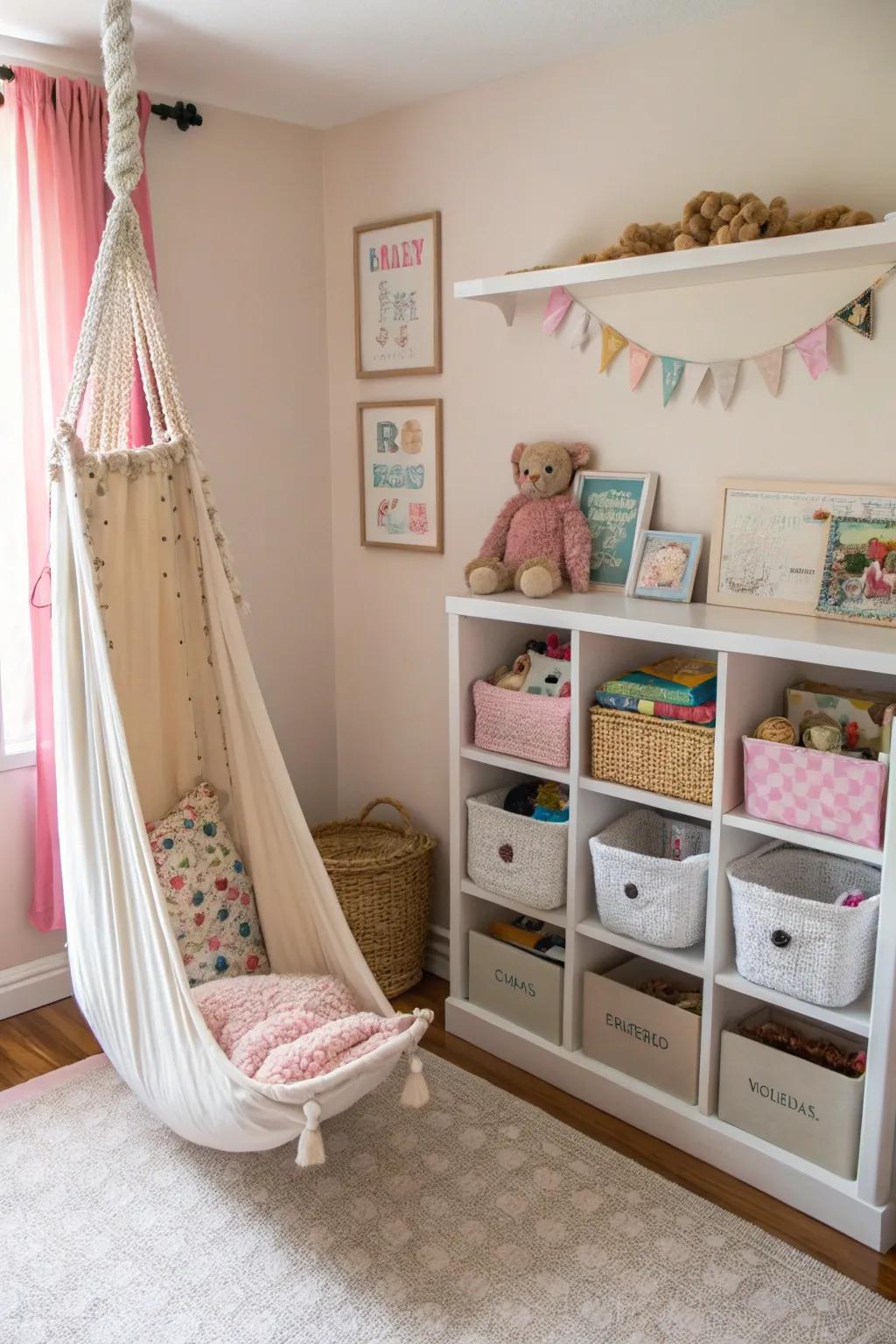A stuffed animal hammock keeps plush toys organized and easily reachable.