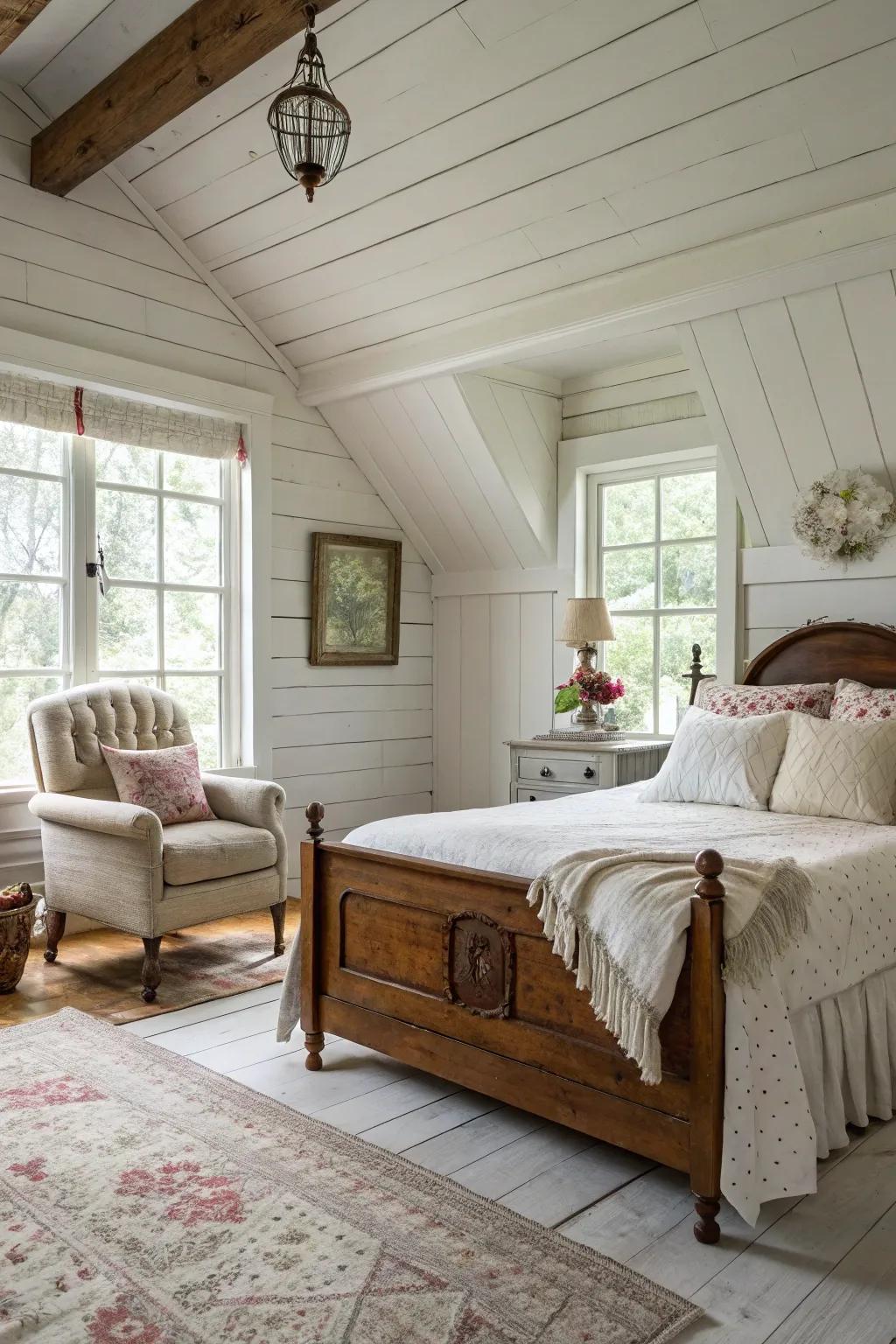 A room featuring white shiplap walls, embodying a warm cottage-like atmosphere.