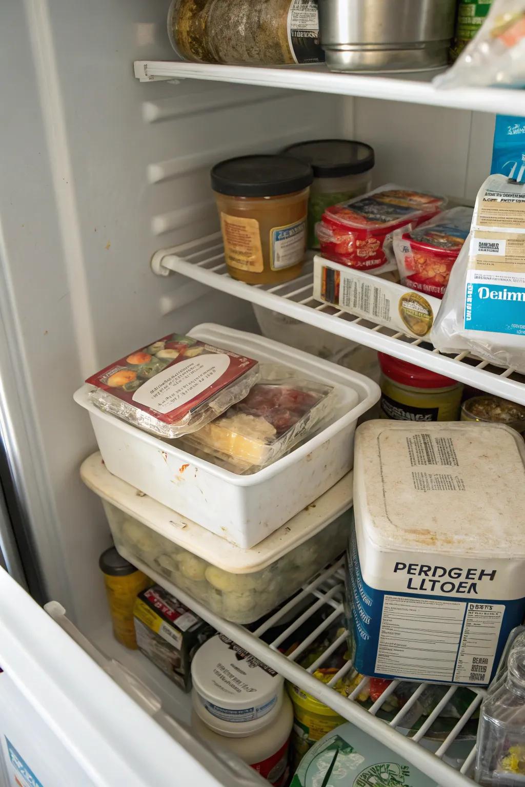 Arranged contents in a top freezer, with older items placed at the front for simple access.