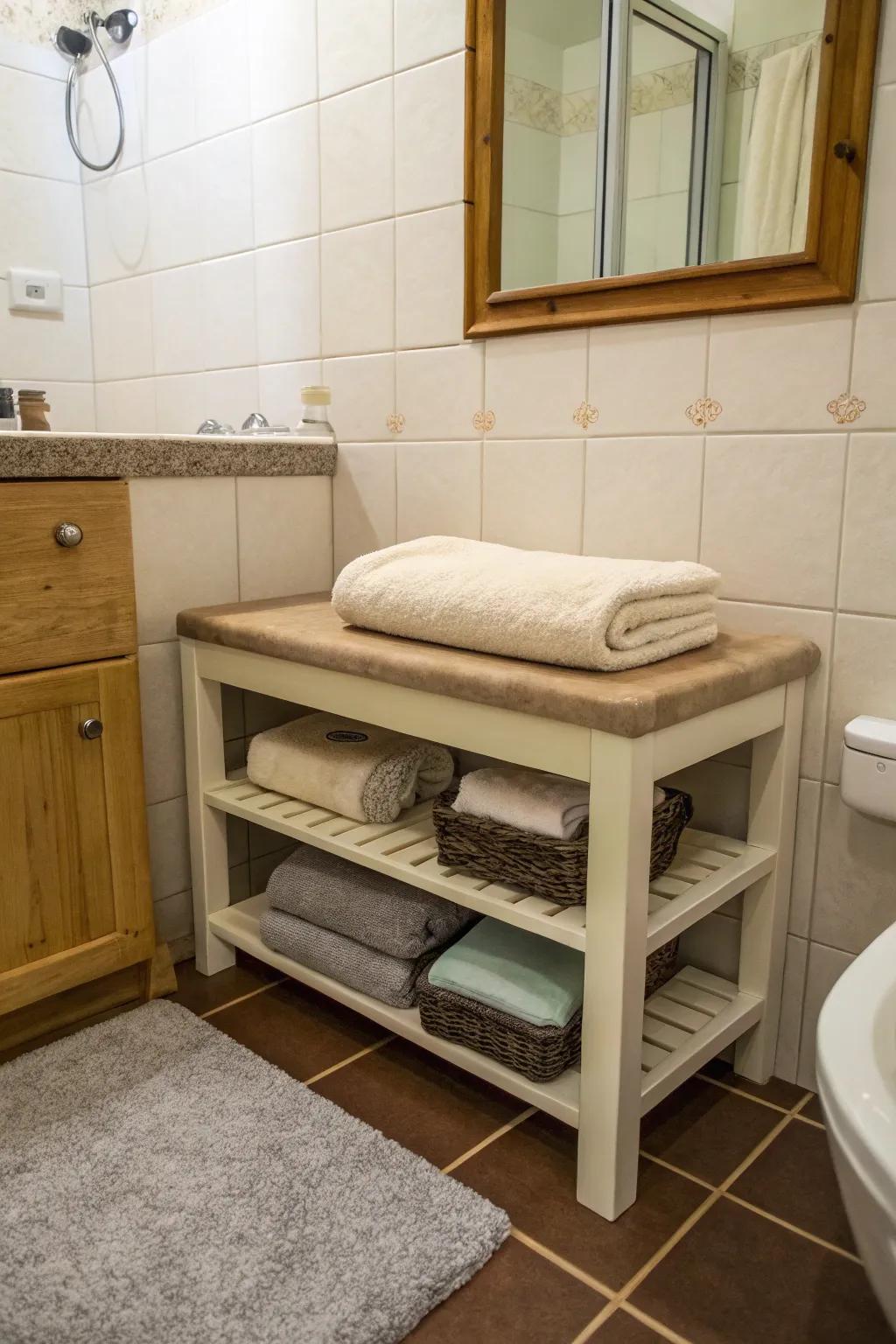 Small furniture gives two-in-one holding choices in small bathrooms.