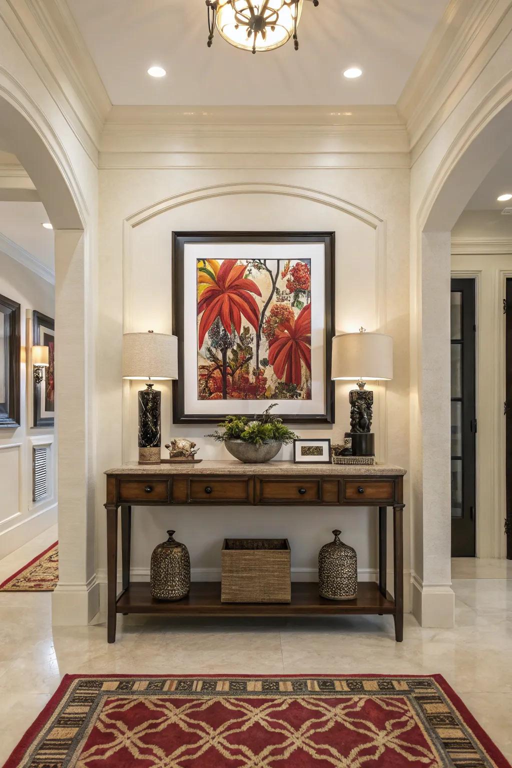 Artwork has the potential to transform into a captivating centerpiece within your entryway.