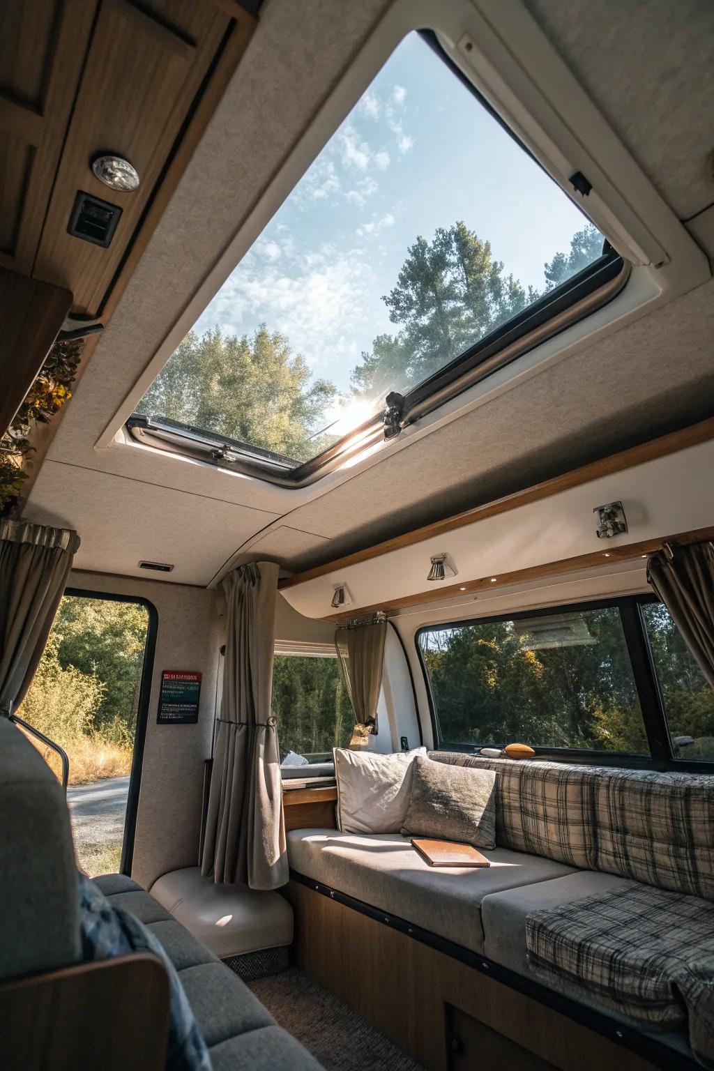 This travel trailer has a skylight, bringing in lots of light and giving beautiful views of the outdoors.