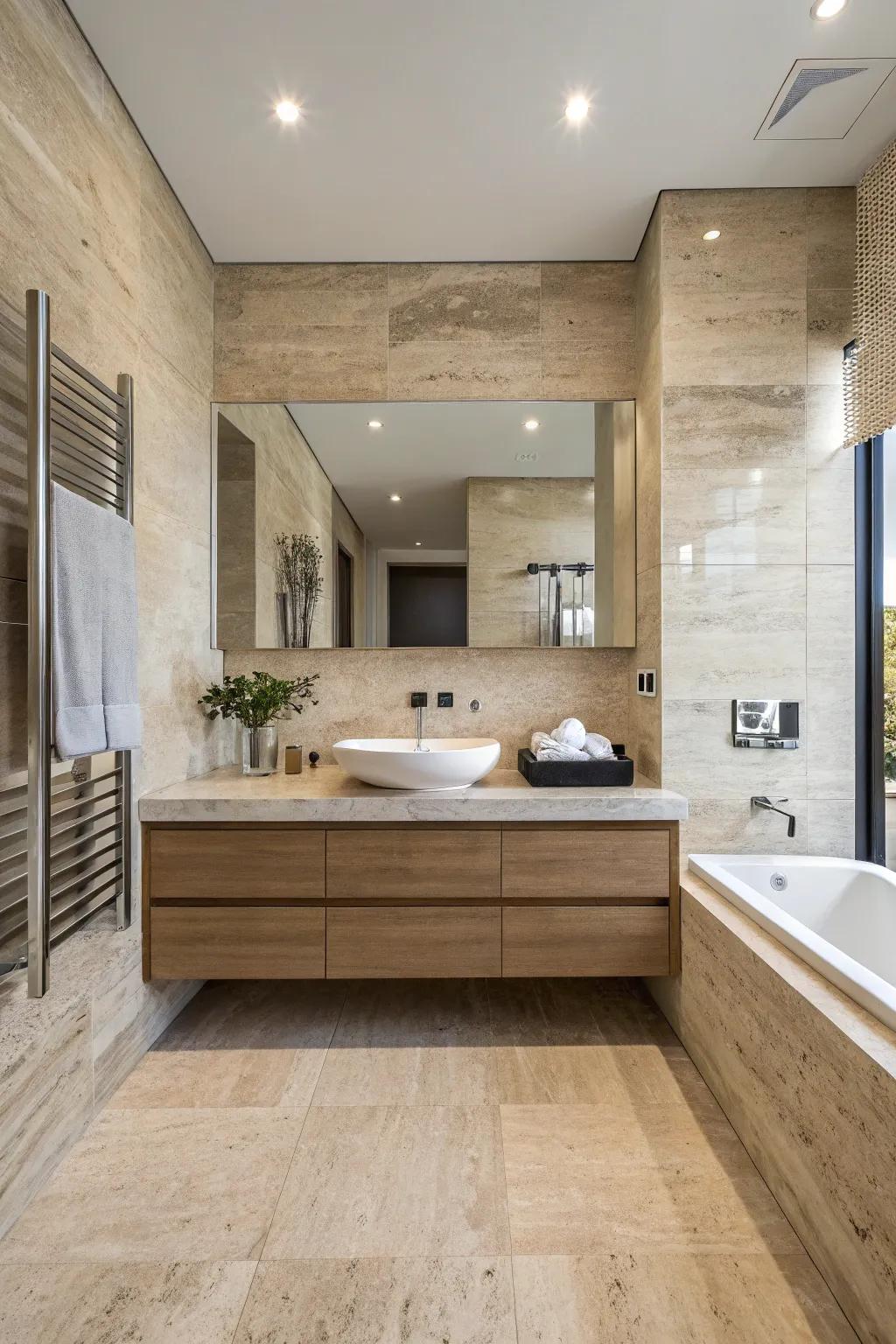 A modern travertine bathroom showcasing a sleek suspended vanity.