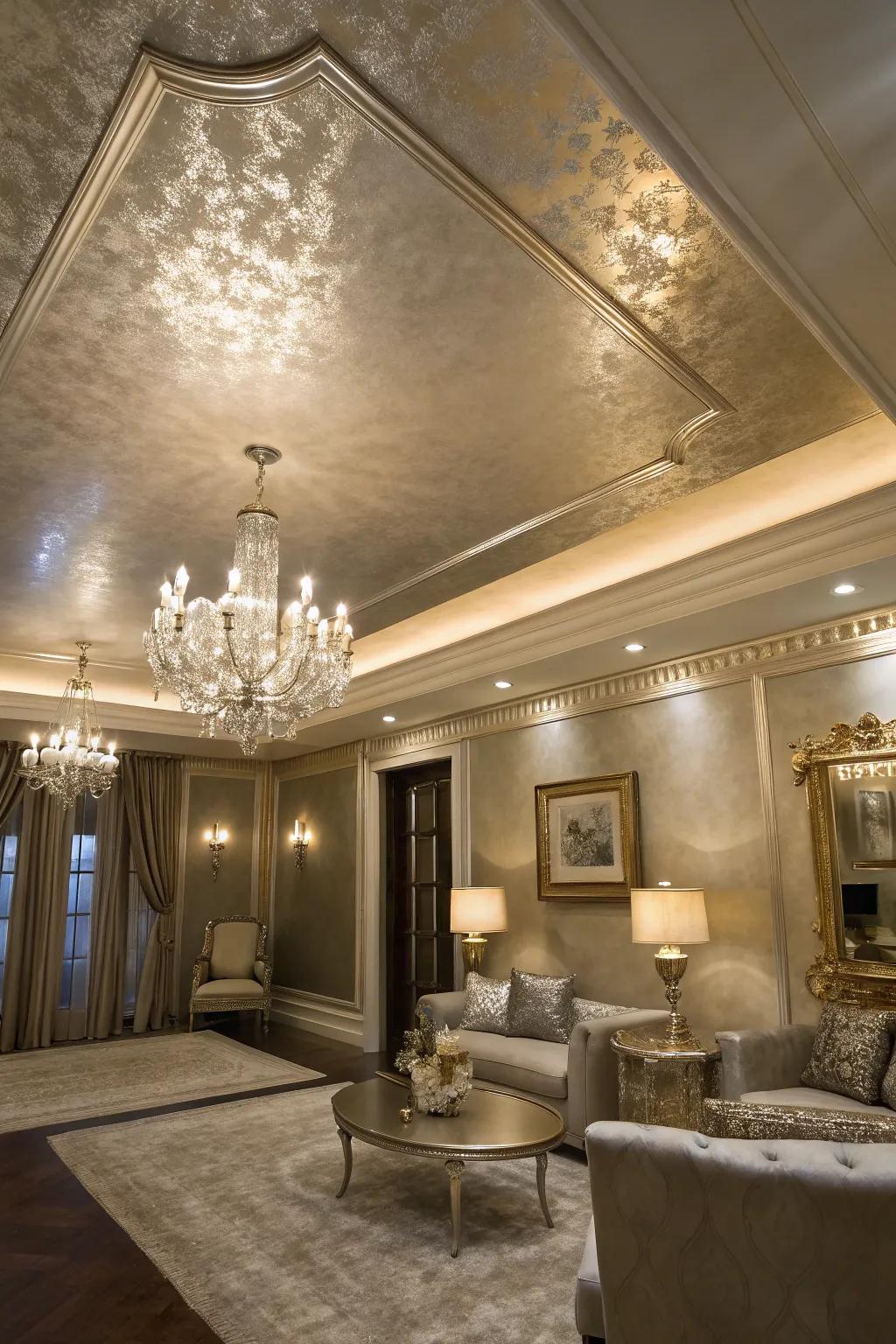 An extravagant room enriched by a tray ceiling coated in metallic paint.
