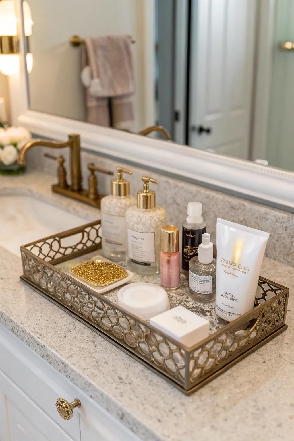 An organized lavatory vanity exhibiting a luxurious sensation.