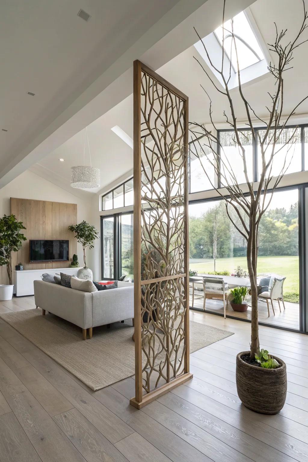 An organic space divider handcrafted from long branches.