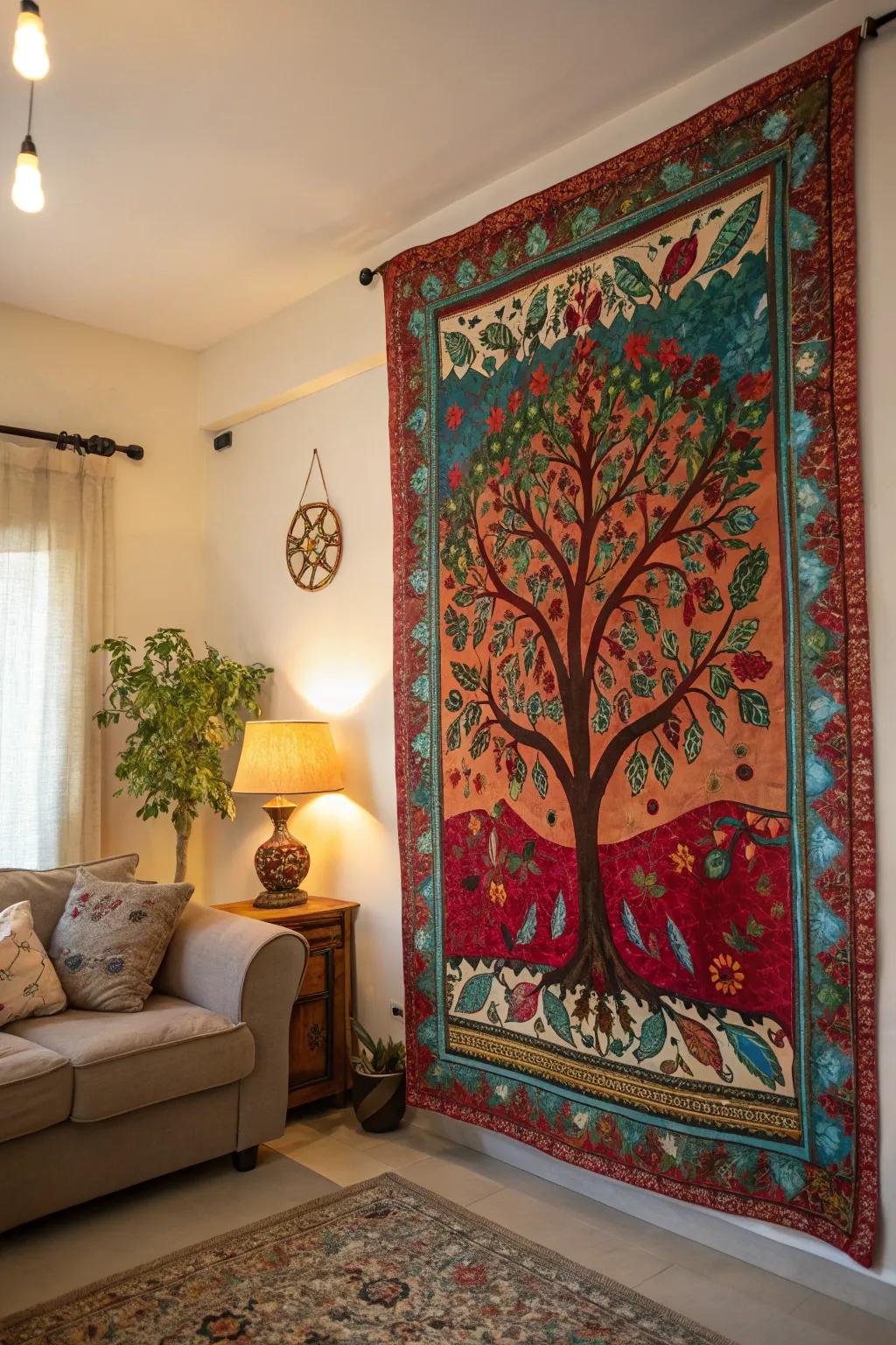 A colorful Arbor Vitae tapestry animates a living space.