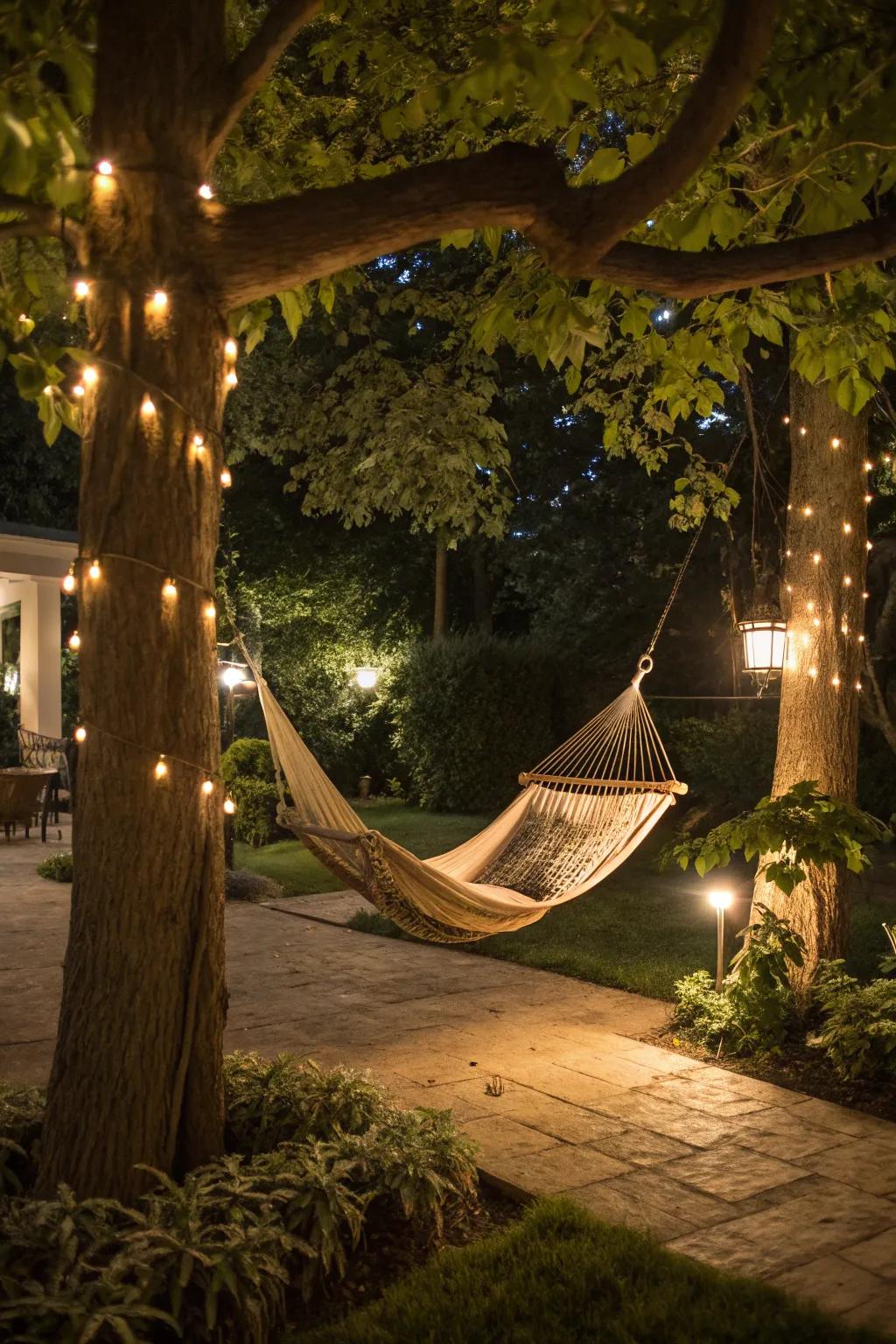 Design a snug hammock haven with subtle lighting.