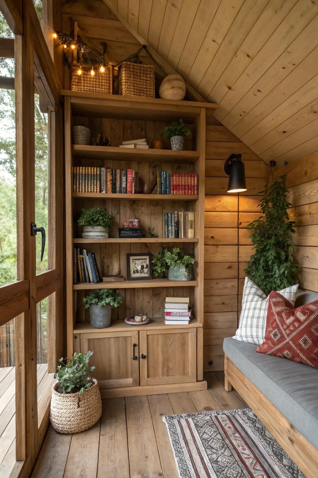 Organized storage inside a treehouse, with built-in shelves for a neat display.