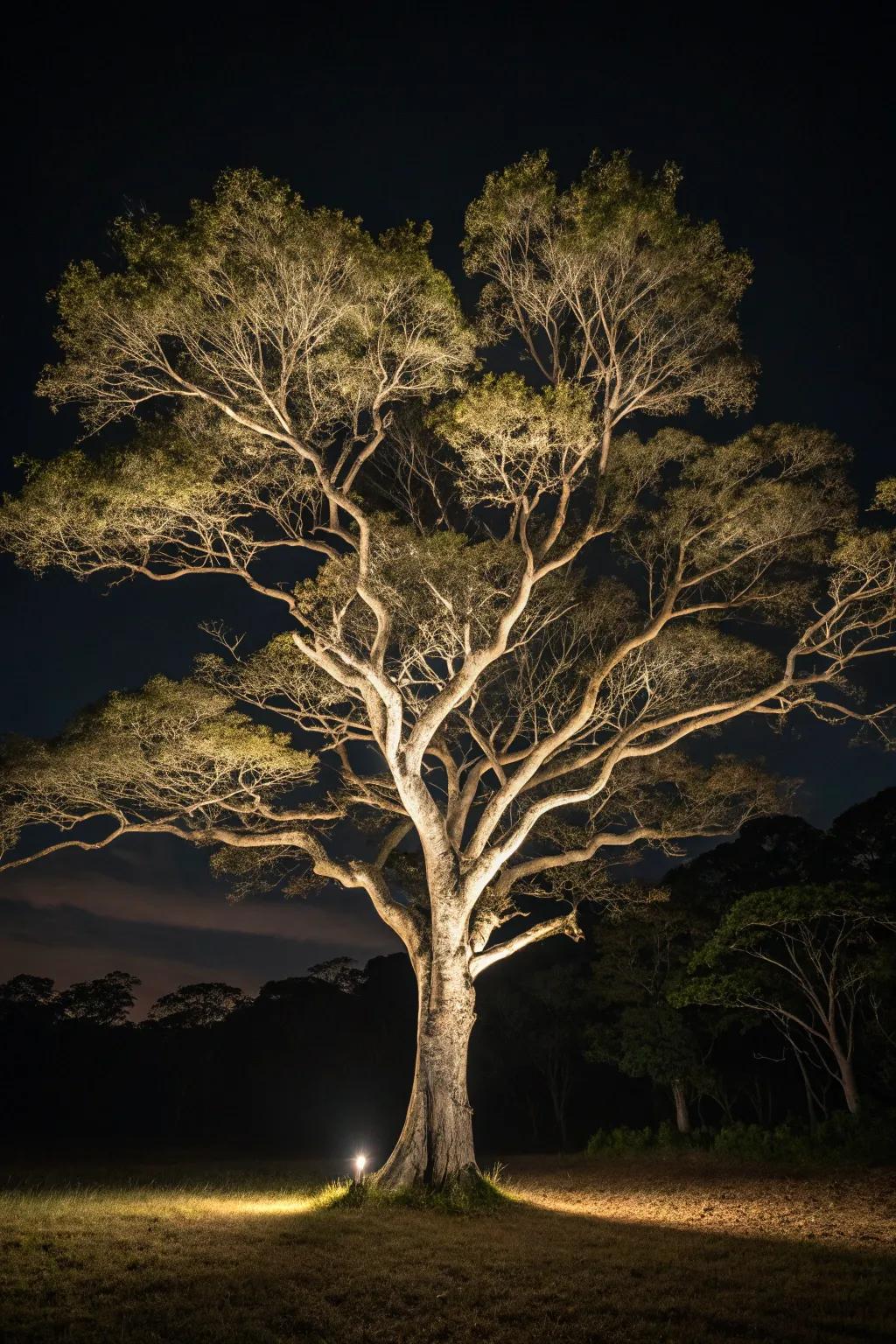Upward radiance enhances the natural beauty of garden trees.