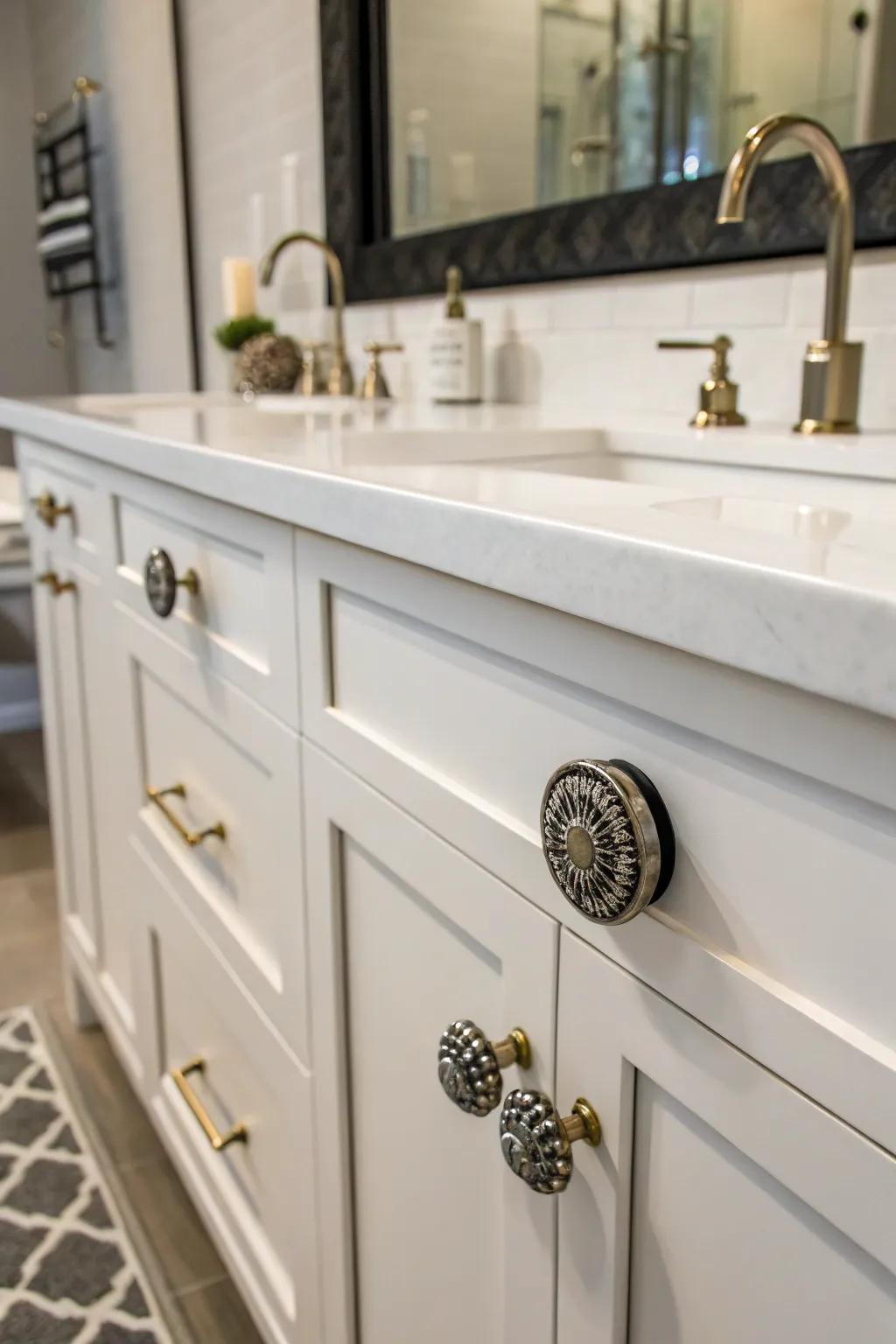A bathroom vanity featuring distinctive hardware to add a personal impression.