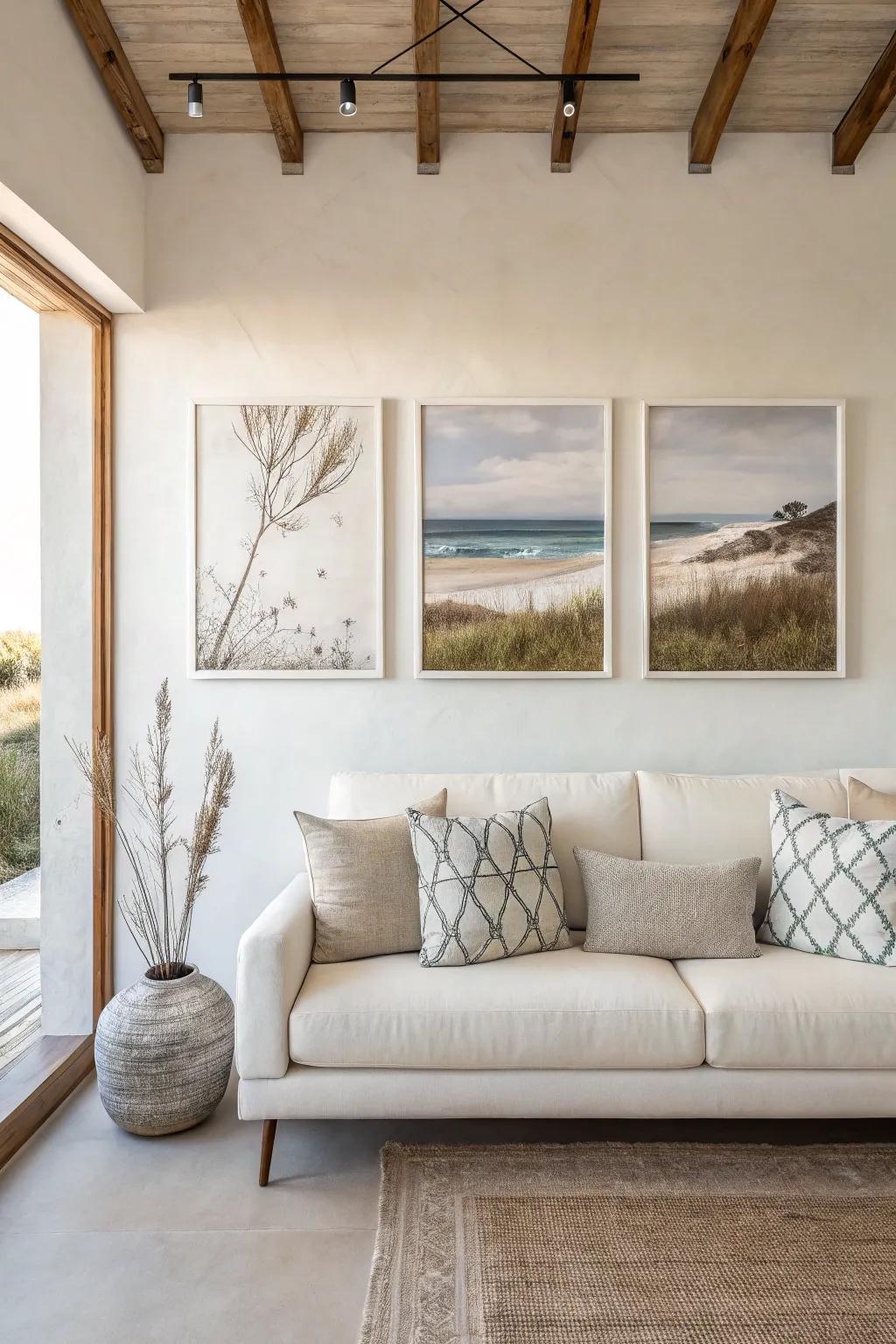 Minimalist triptych art adding refined style to a room.