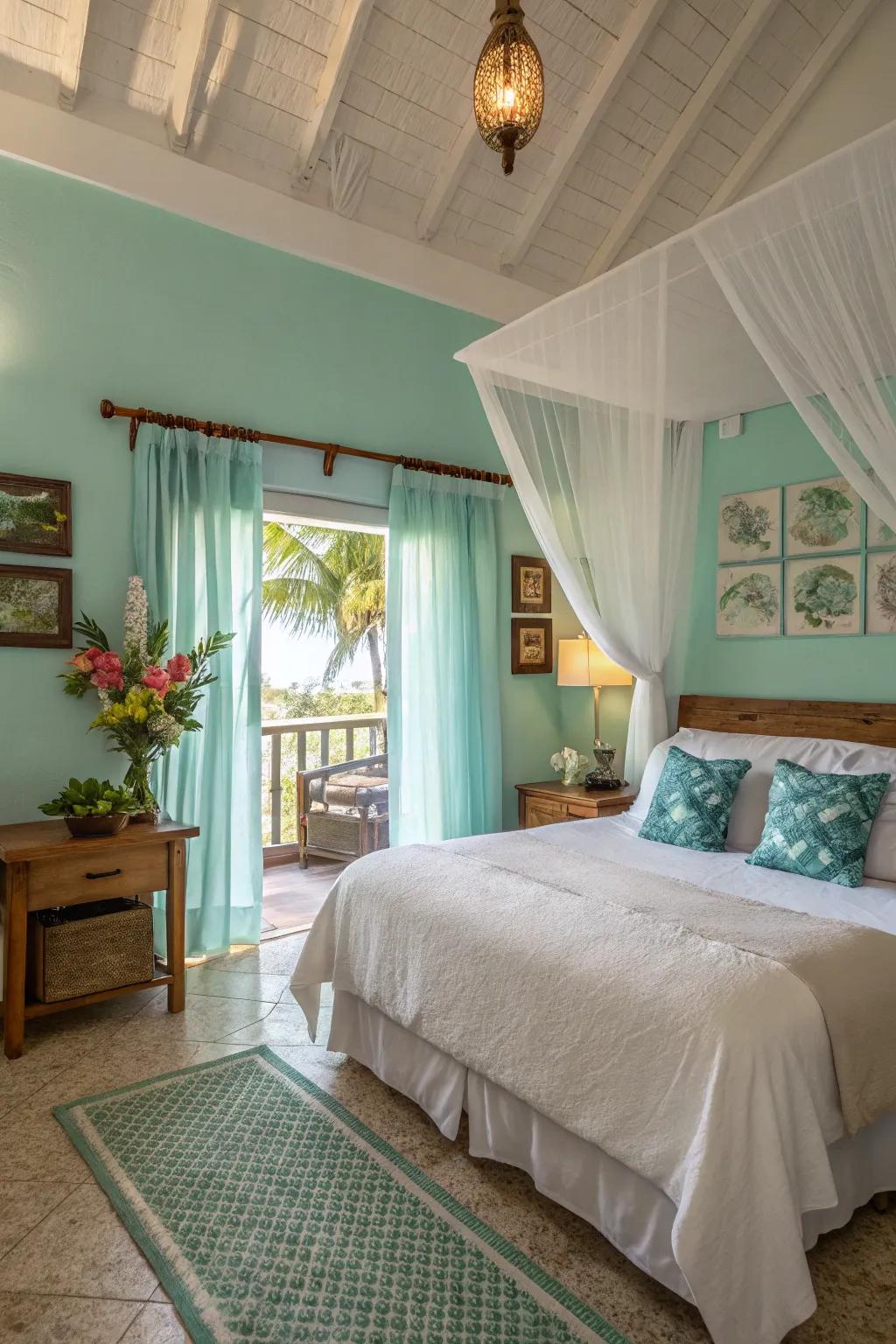 Relaxing atmospheres transform your bedroom into a tranquil tropical retreat.