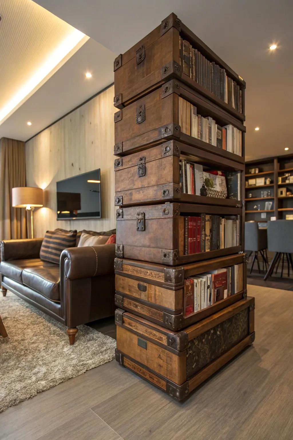 Stacked trunks constitute a unique bookcase, contributing individuality to the space.