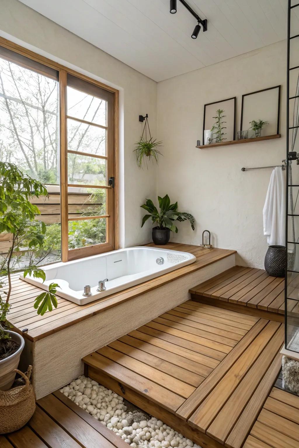 A zen-inspired tub deck featuring wood details and minimalist decor.