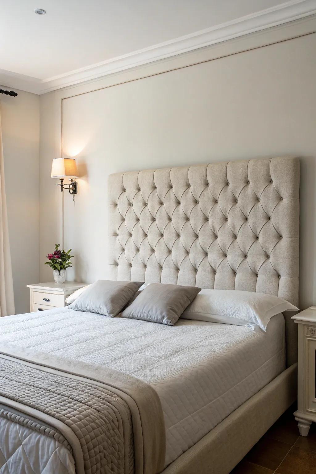 A minimalist bedroom showcasing a sleek tufted headboard.