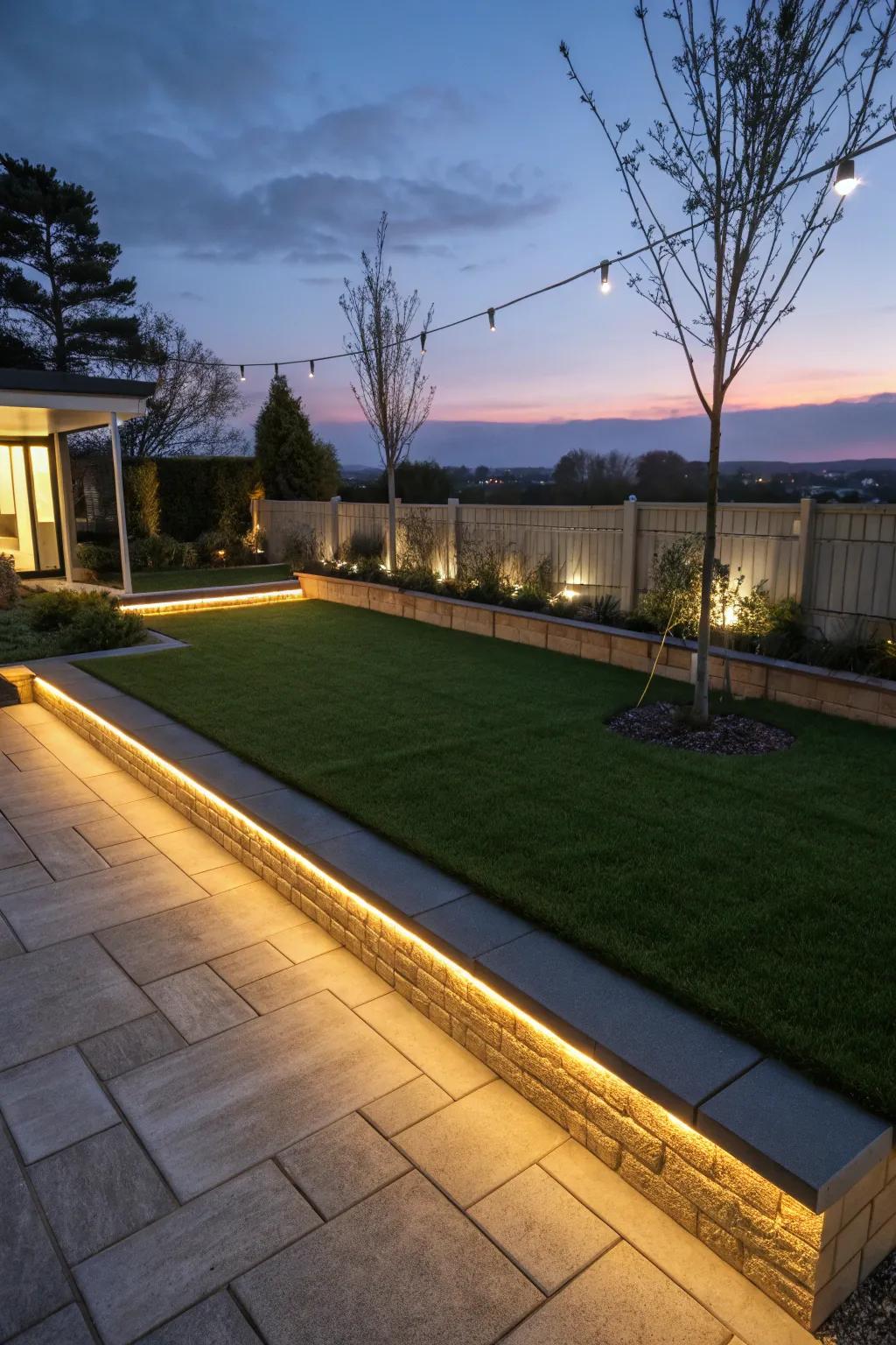 A turf patio illuminated by LED lighting.
