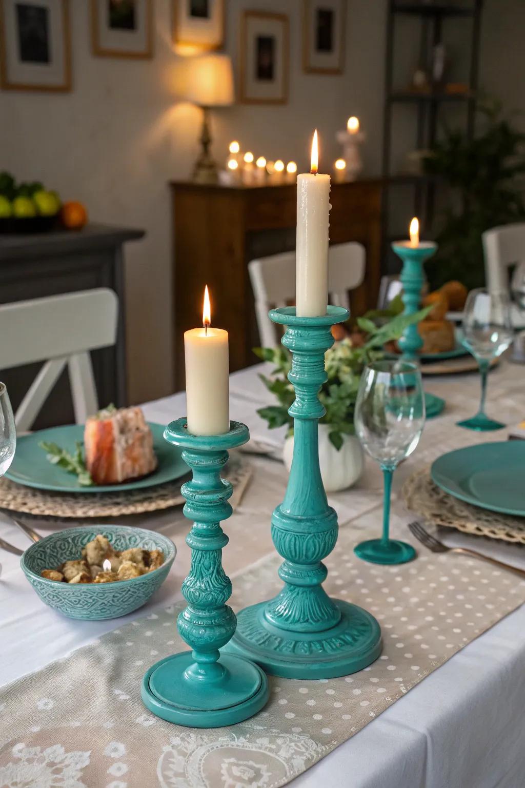 Lights in aqua stands create a warm and inviting ambiance.