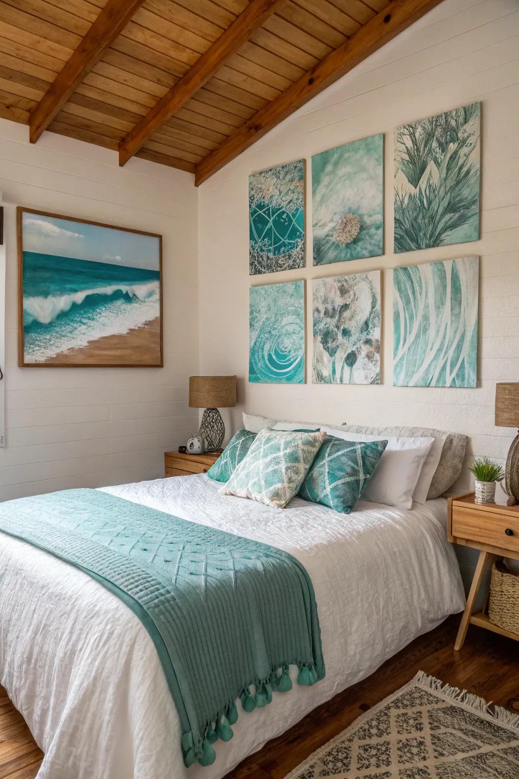 Artwork in turquoise for added charm.