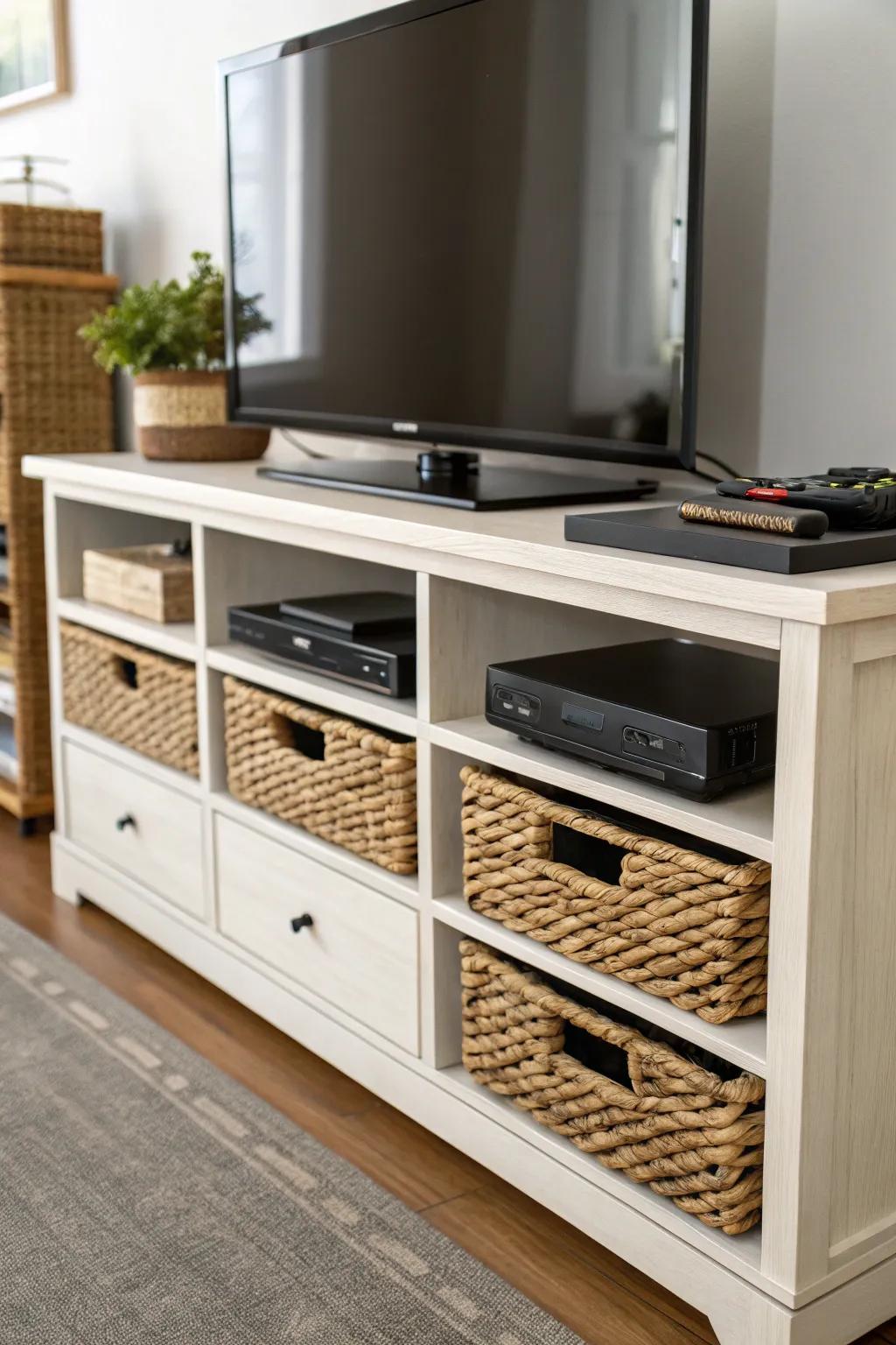 Functional storage solutions with drawers and baskets in a TV stand.