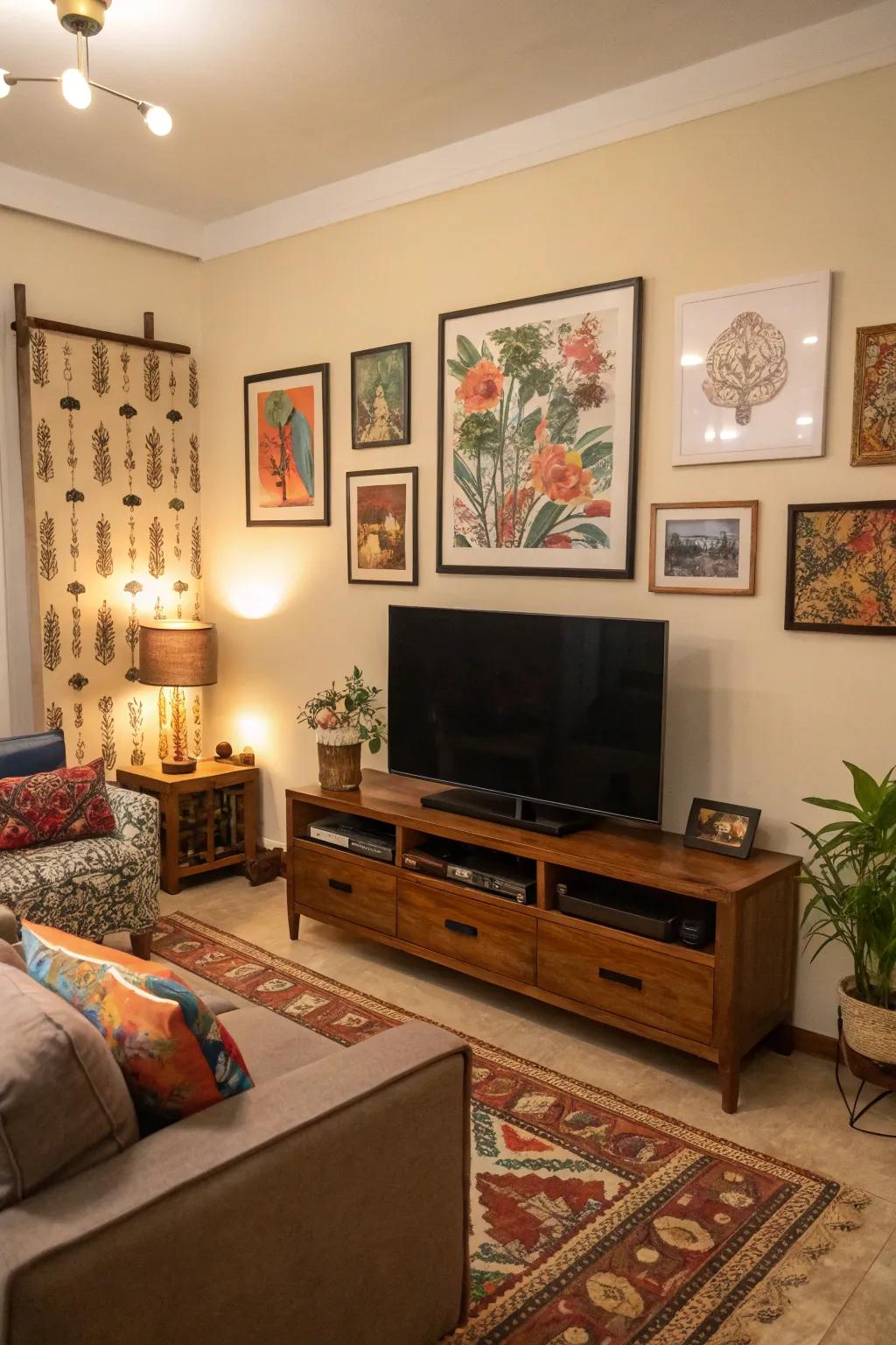 A TV wall enhanced with ornamental art pieces.