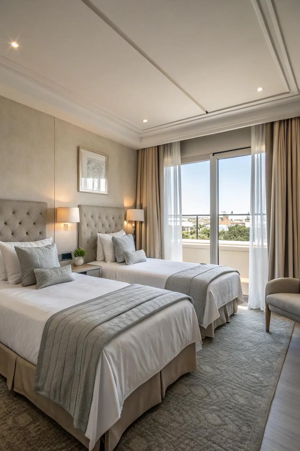 Neutral colors give twin bed setups a calm and adaptable style.