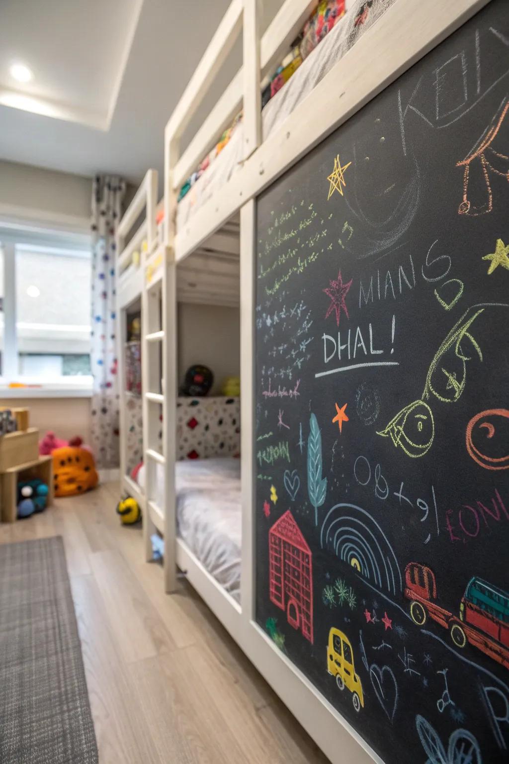 A creative drawing board beneath the bunk bed.