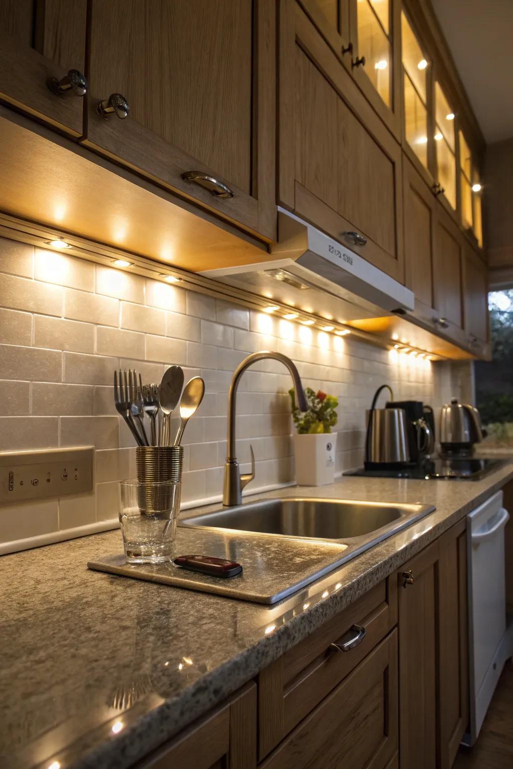 Motion sensor lights improve convenience and efficiency within the kitchen.