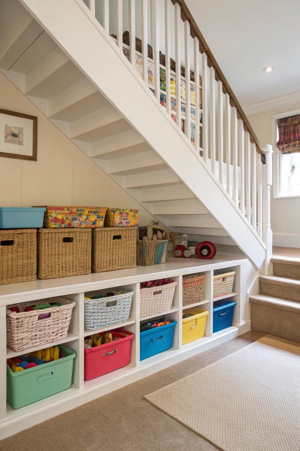 An organized toy storage solution under the stairs means less mess.