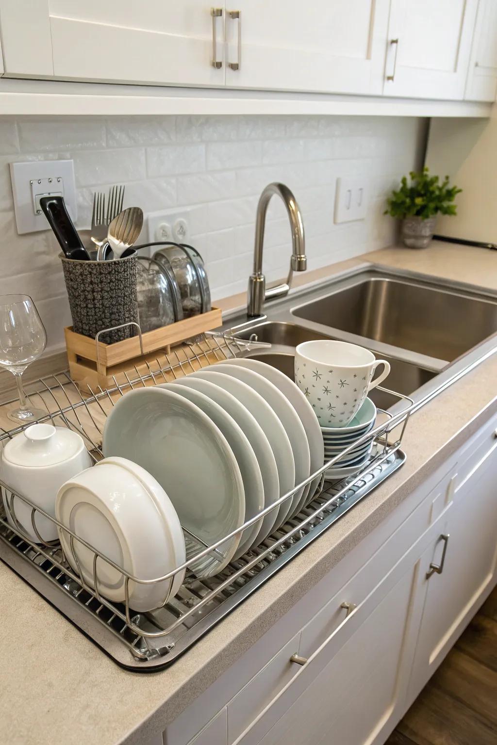 A drying frame over an undermount sink, encouraging a tidy kitchen space.