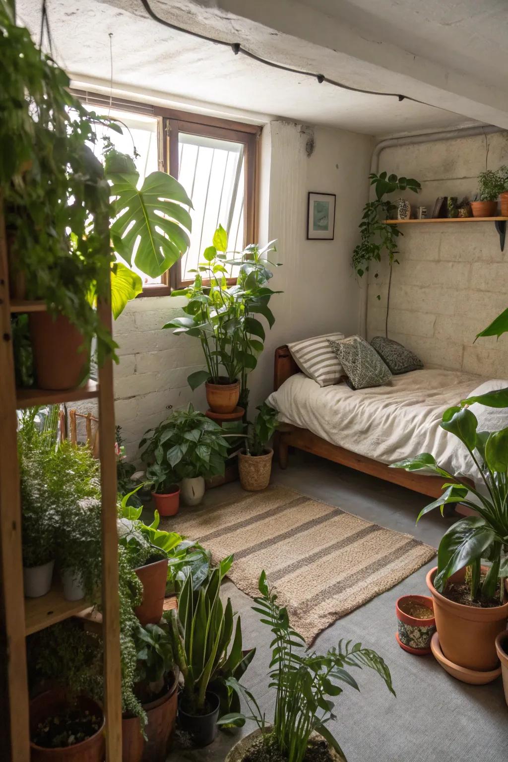 Plants can bring life and zest to your basement bedroom.
