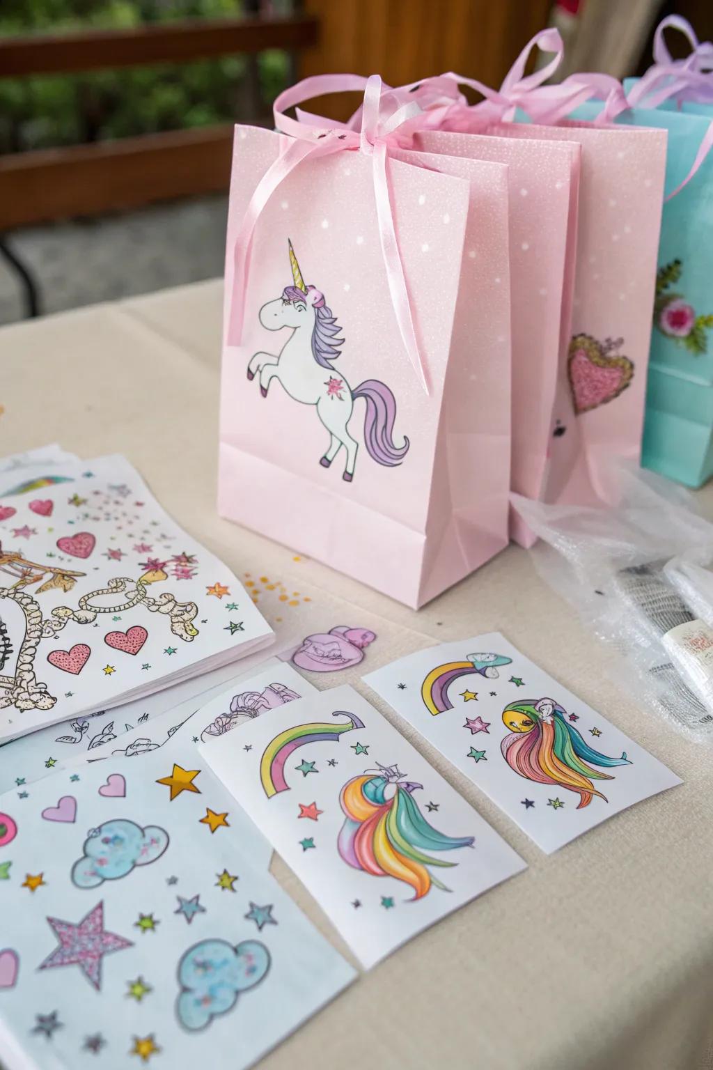 Unicorn treat pouches showcasing playful temporary tattoos.