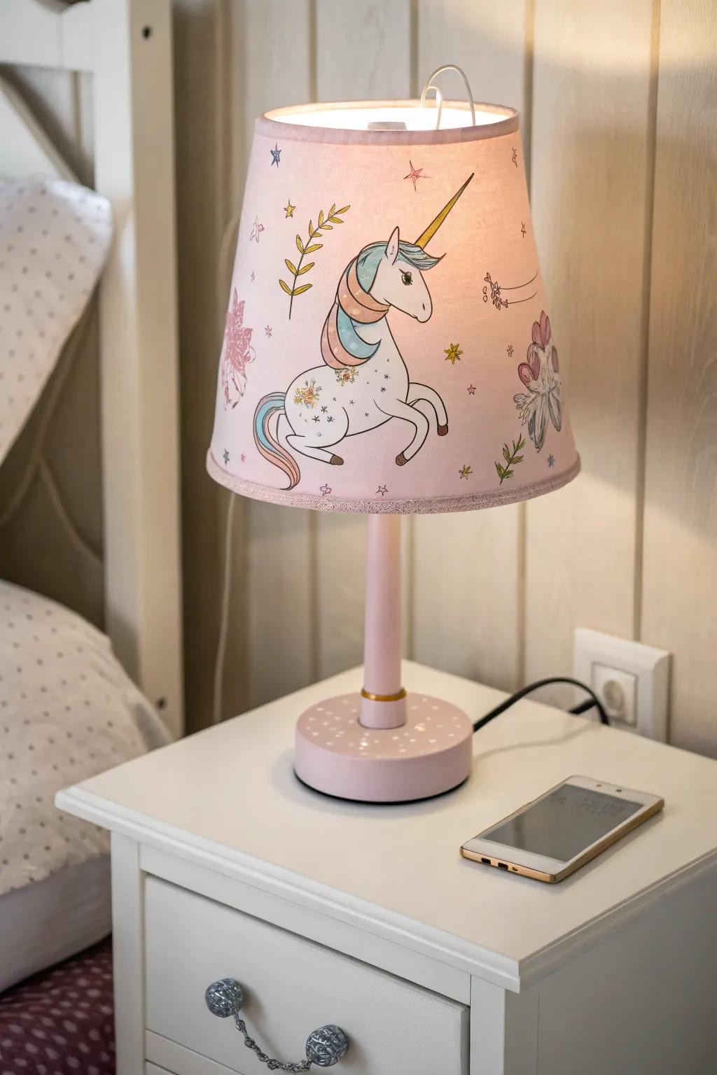 A unicorn lamp casts a magical glow.