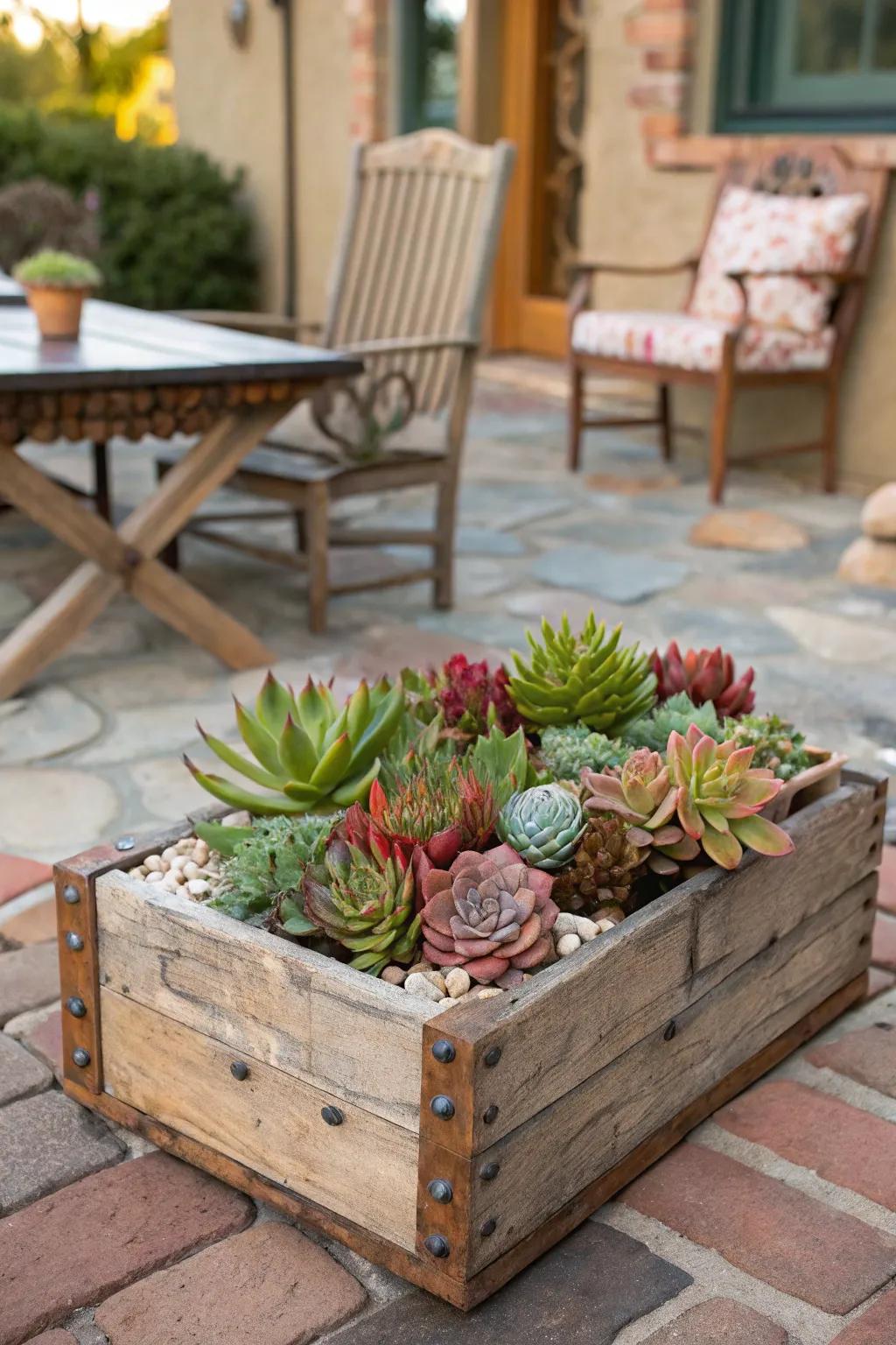 Rustic timber crates function as adaptable succulent vessels.