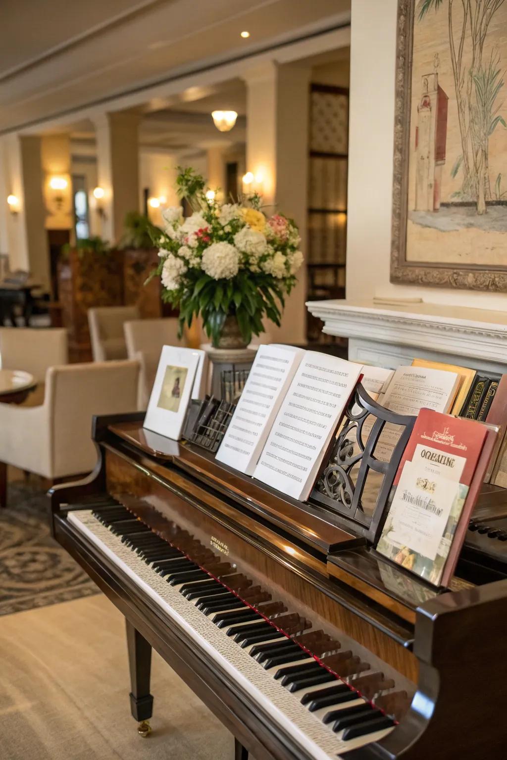 An exquisite setting with an upright piano and neatly arranged books and musical compositions.