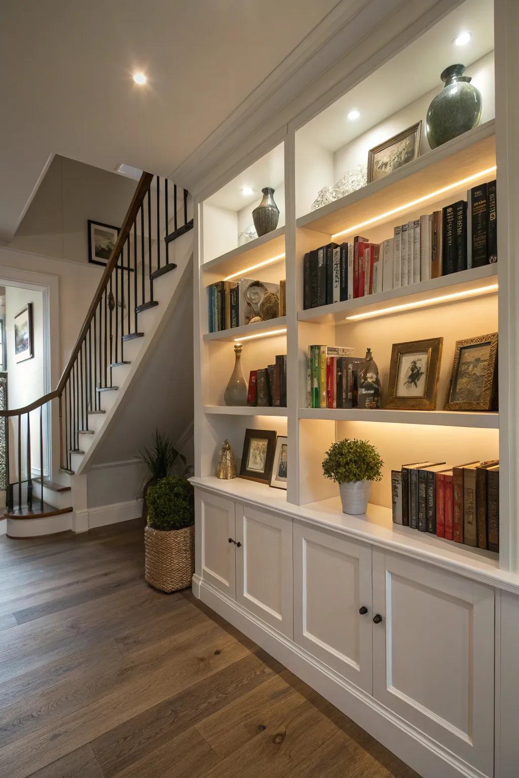 Built-in shelves in the upper hallway offer storage and style.