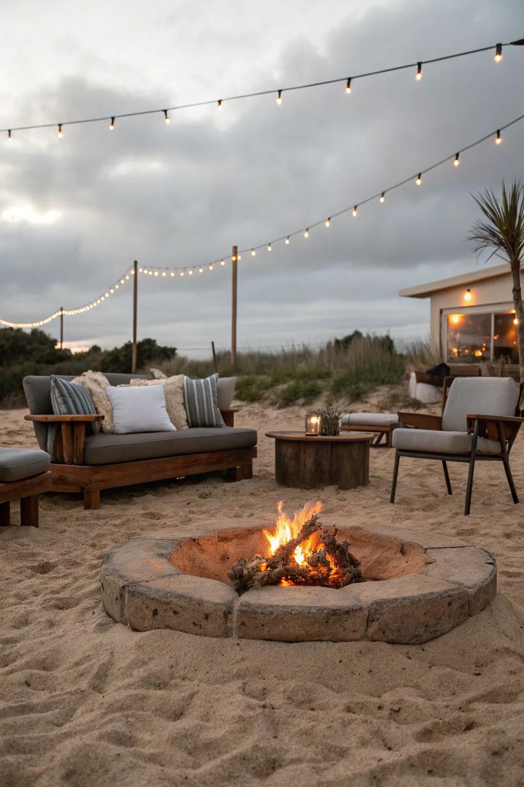 A cozy sand firepit space for memorable outdoor evenings.